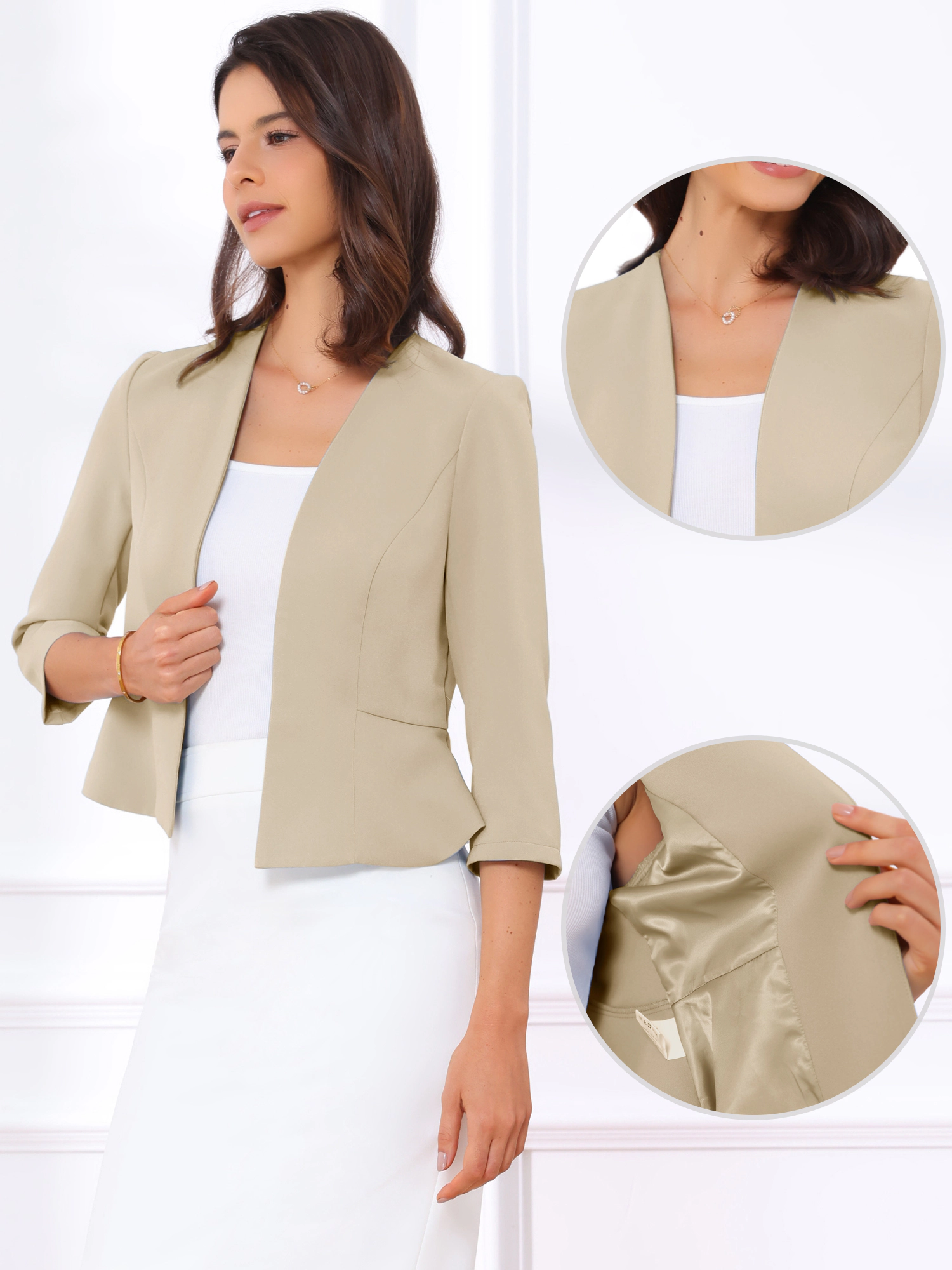 INSPIRE CHIC Women's Open Front Collarless 3/4 Sleeve Peplum Business Work Suit Blazer