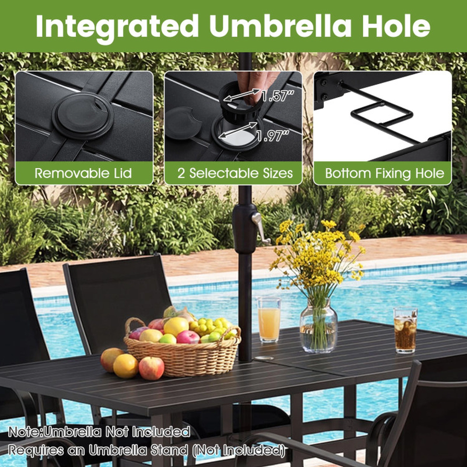 SUGIFT 6-Person Metal Slat Top Umbrella Hole Rectangle Patio Dining Table 63-in x 33-in x 29-in 330-lb Capacity Black