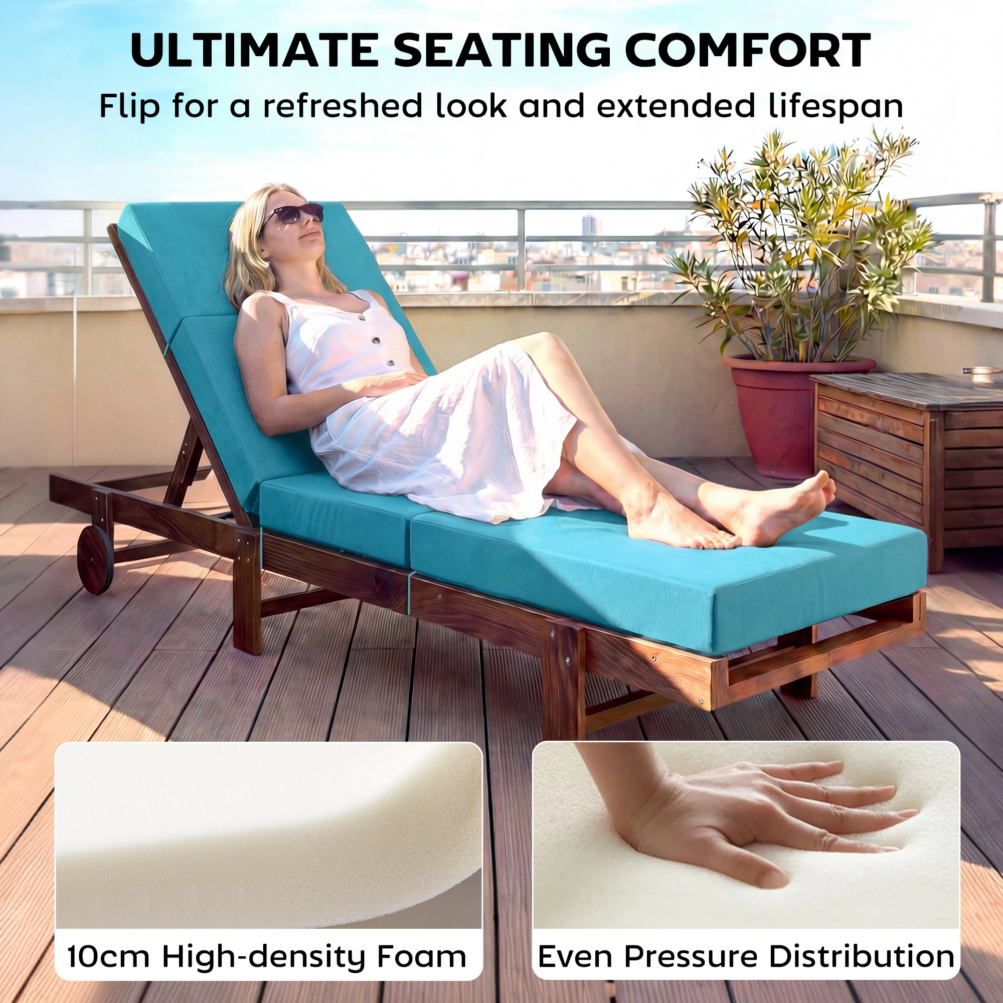 HONGGE Chaise Lounge Cushion, 4" High-Density Foam Pad with Ties, Fits 21" x 72" Outdoor Chairs