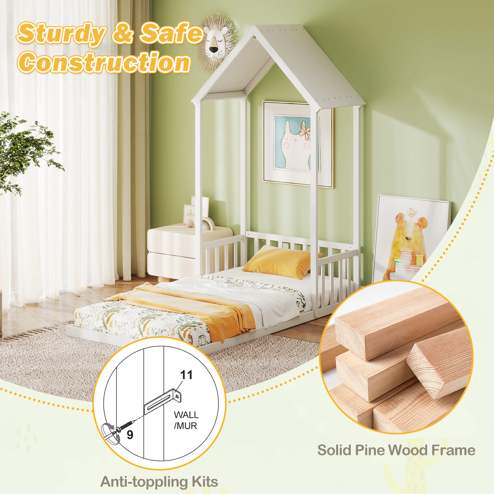 SUGIFT Twin Size House Floor Bed with House Shape Roof and Semi-Fence Toddler Bed White