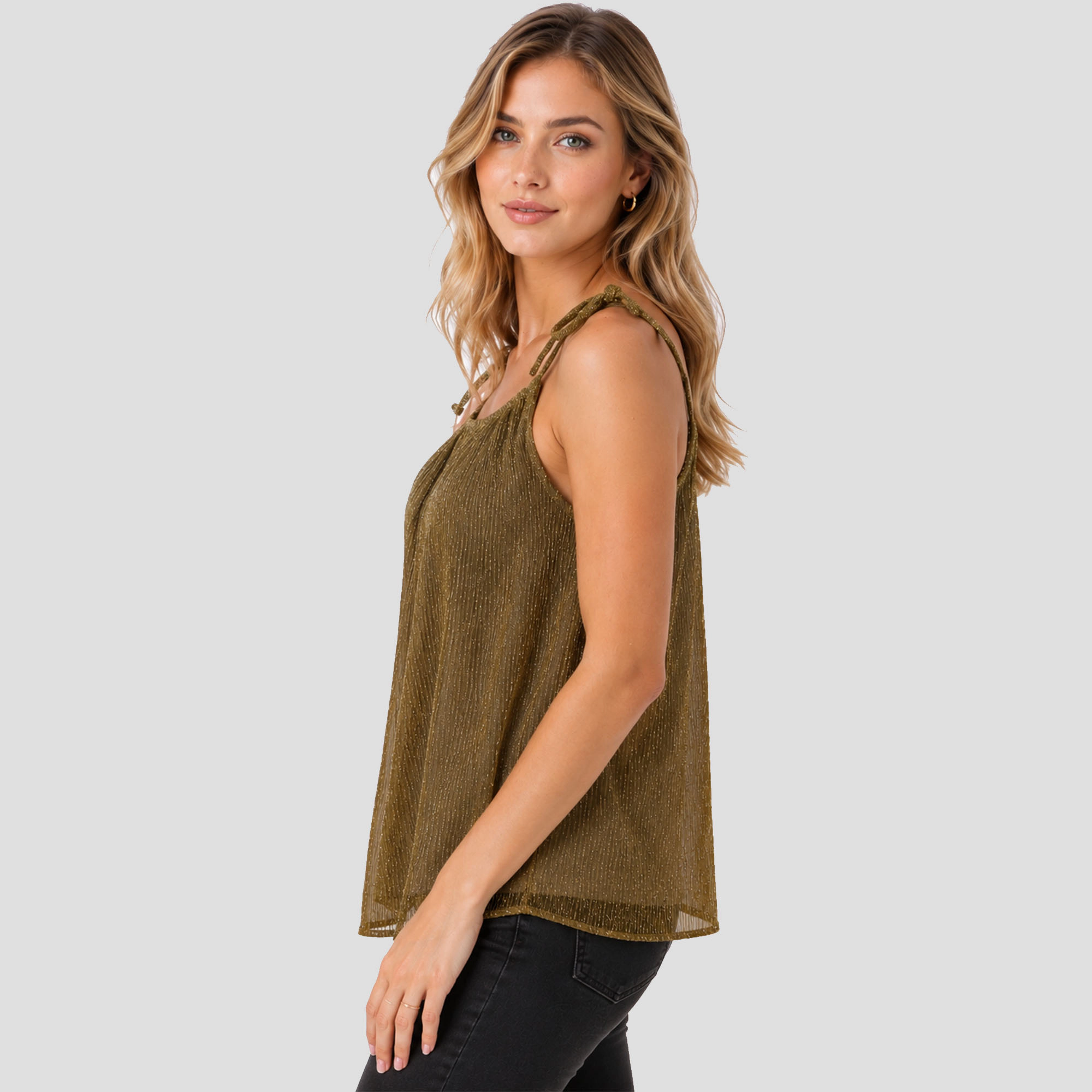 Artyska Women's Shimmer Round Neck Tie-Shoulder Tank Top
