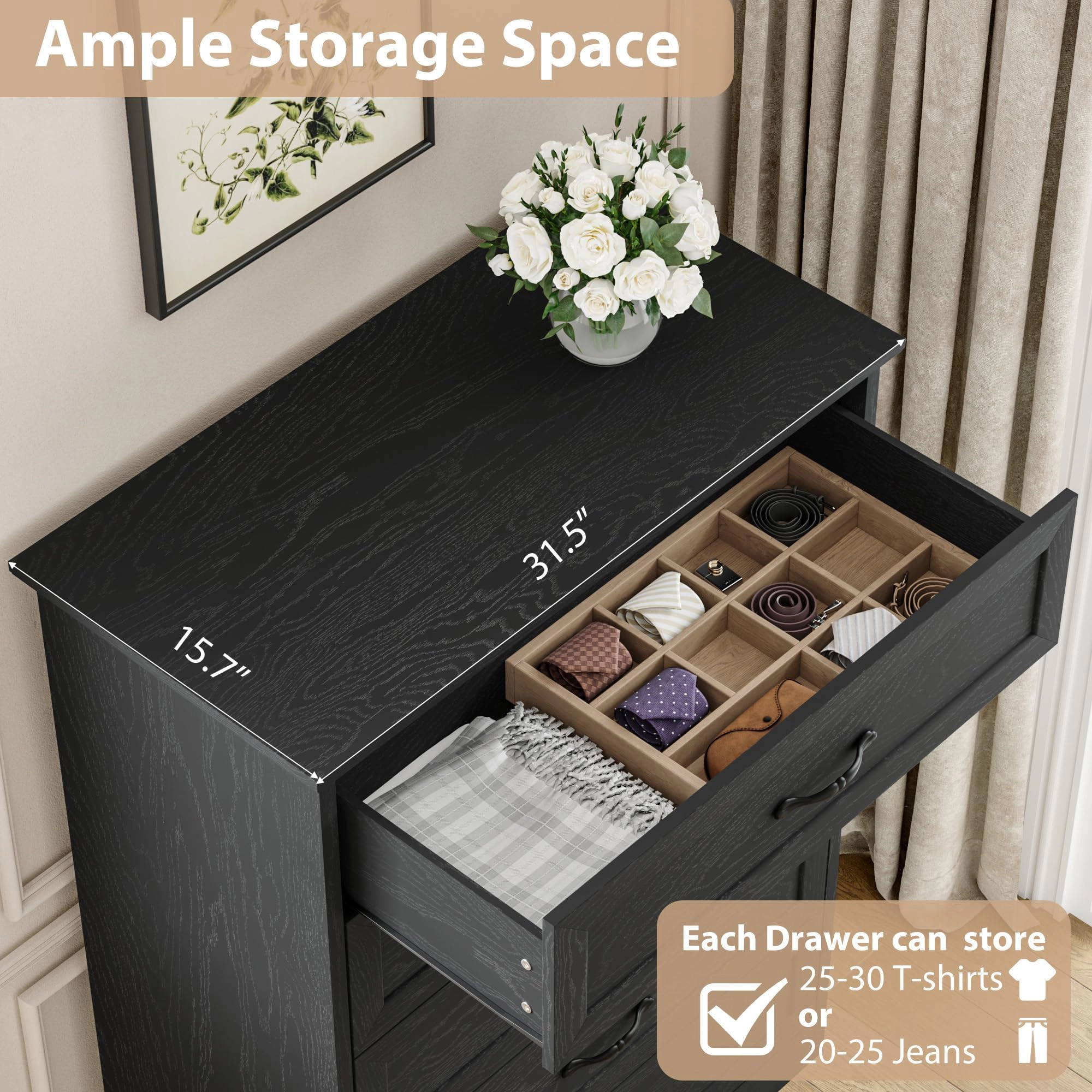 Farmhouse 5 Drawer Dresser with Metal Handles, 44" Tall Wooden Storage Cabinet for Bedroom Living Room