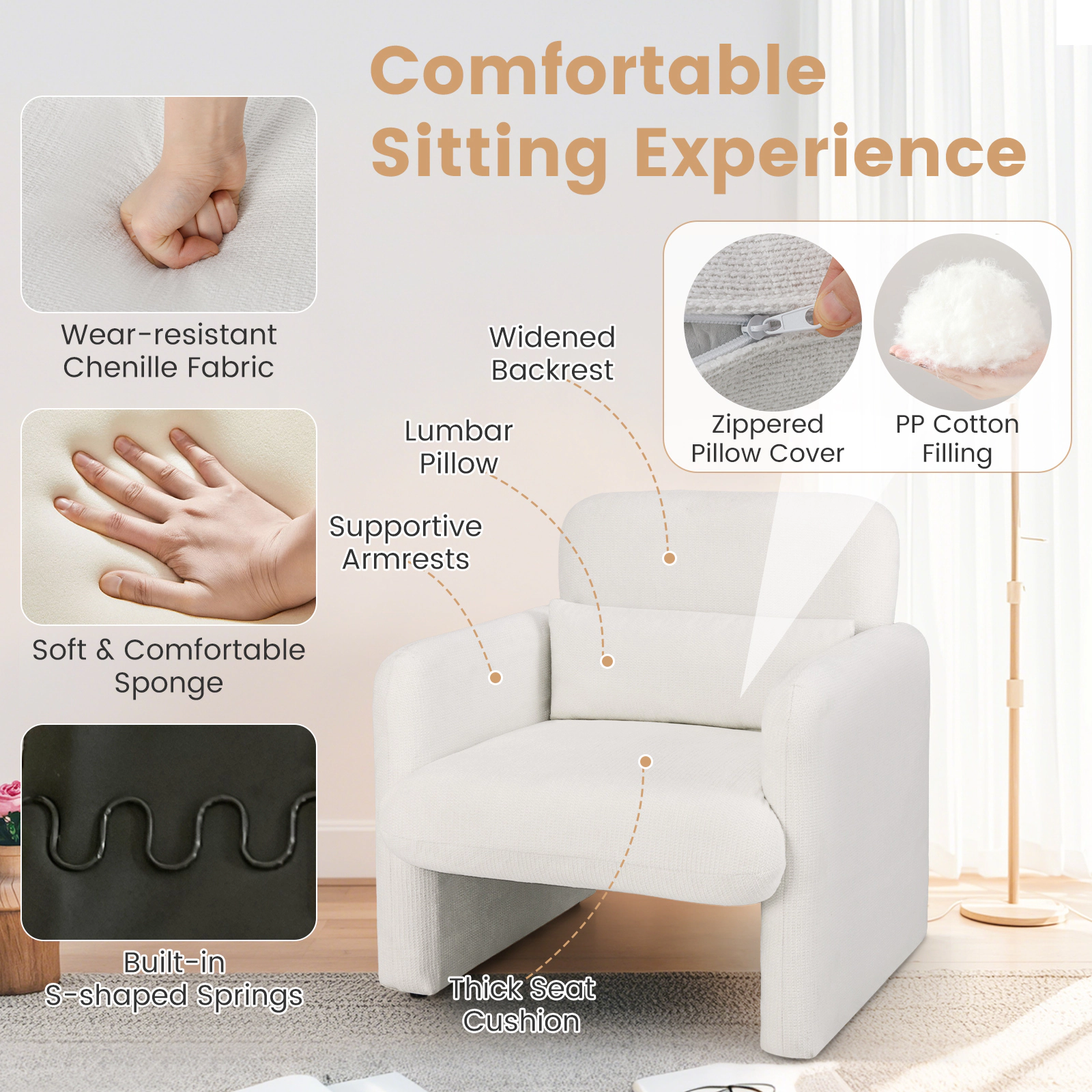 SUGIFT Modern Upholstered Chenille Accent Chair with Removable Lumbar Pillow 330-lb Capacity White