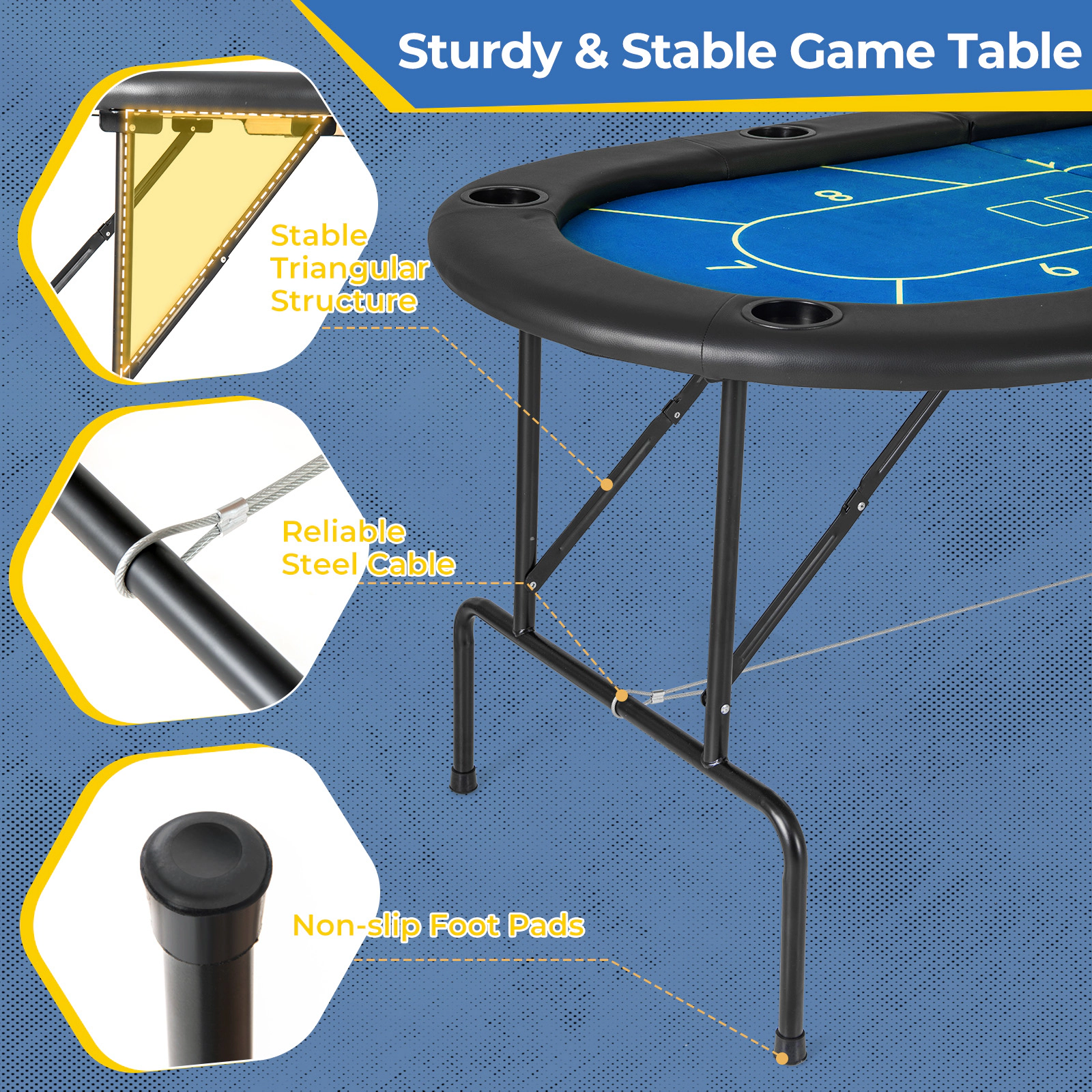 SUGIFT Blue Foldable Poker Table with 8 Cup Holders 72-in W 36-in D 30.5-in H 220-lb Tabletop Capacity