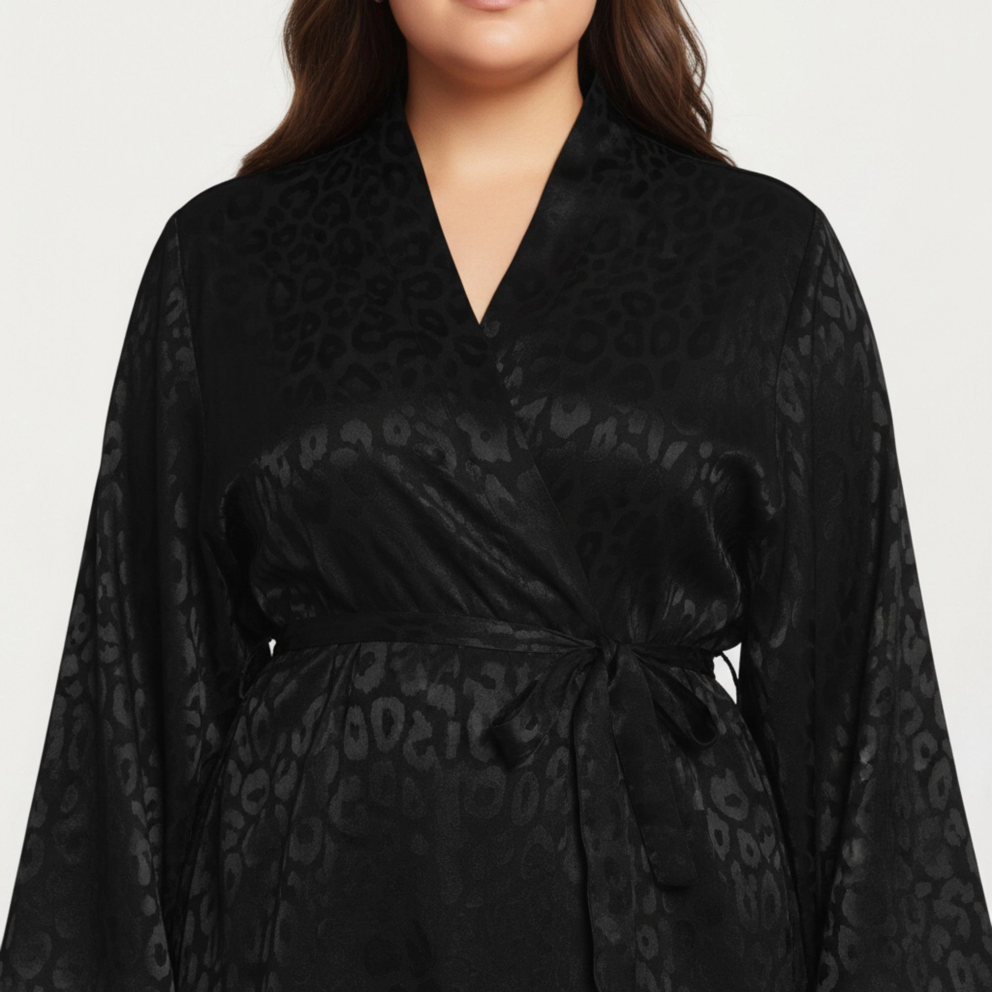 Anna-Kaci Women's Satin Jacquard Leopard Pattern Robe Waist Tie Silky Fabric Wide Sleeves and Longline Silhouette