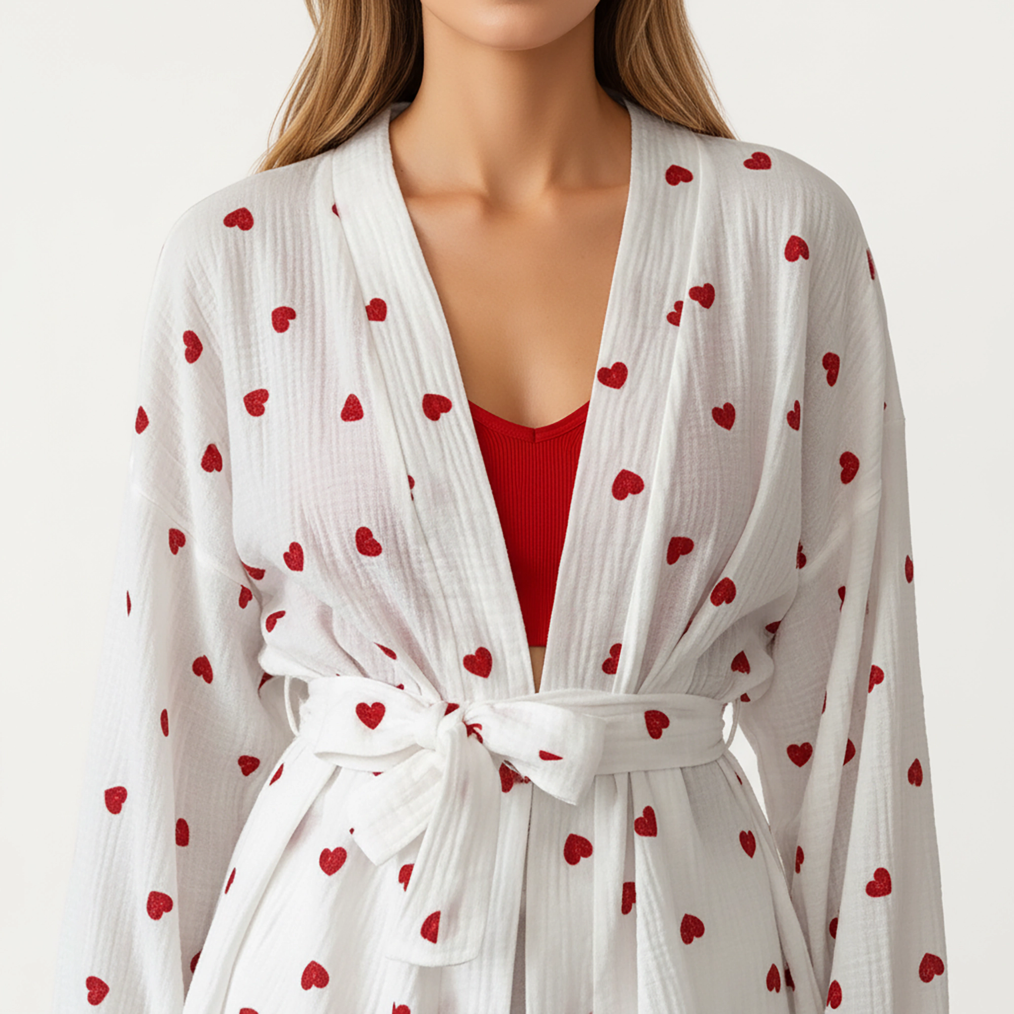 Anna-Kaci Women's Valentine Heart Print 2-Piece Pajama Set with Long Sleeve Tie-Waist Robe and Relaxed Fit Shorts