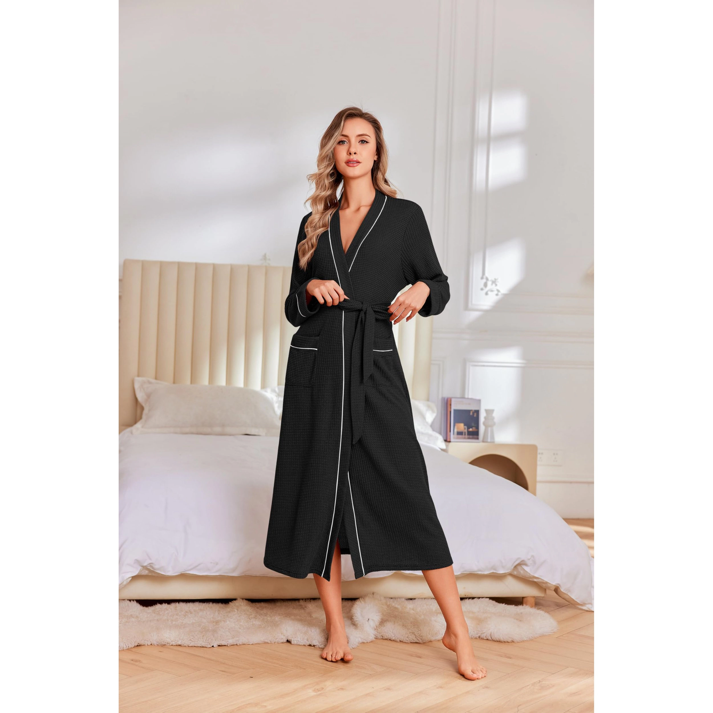 Ekouaer Robes for Women Knit Waffle Bathrobe Full Length Kimono Casual Ladies Loungewear