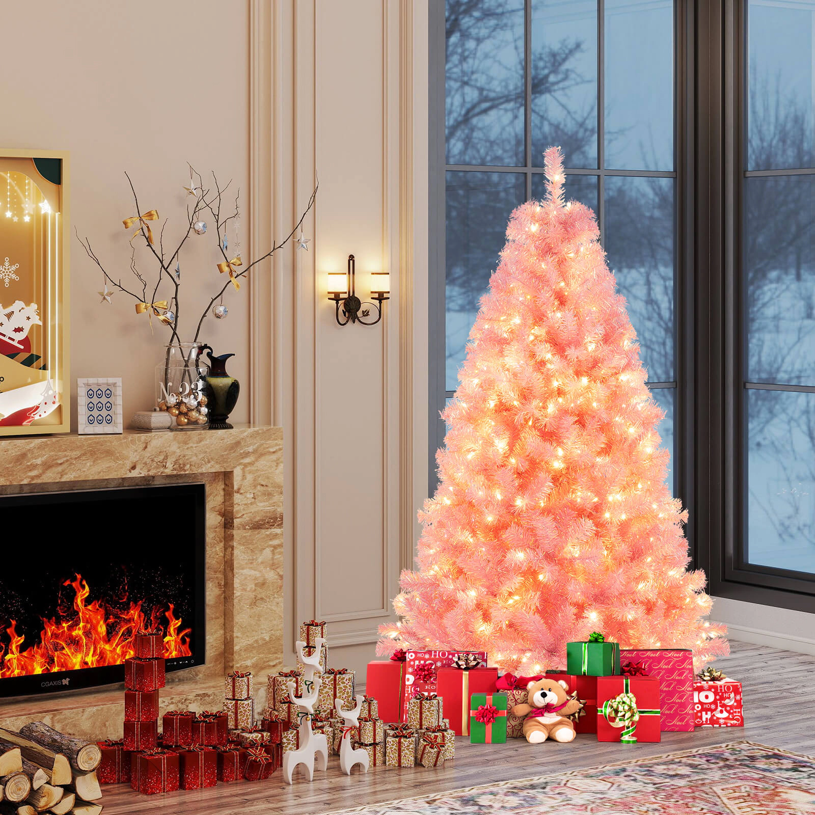 SUGIFT 6-ft Pink Pre-Lit Tinsel Artificial Christmas Tree with Reflective Foil Tips and 8 Lighting Modes