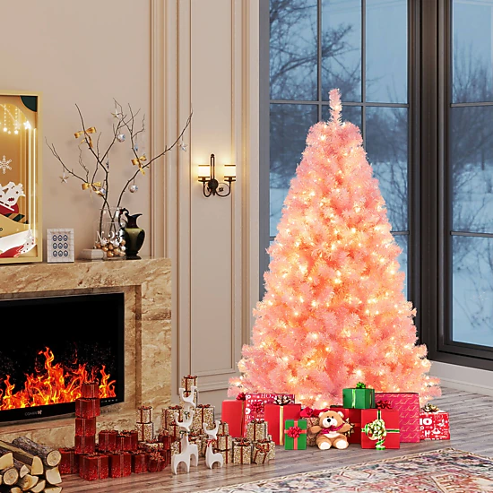 SUGIFT 6-ft Pink Pre-Lit Tinsel Artificial Christmas Tree with Reflective Foil Tips and 8 Lighting Modes