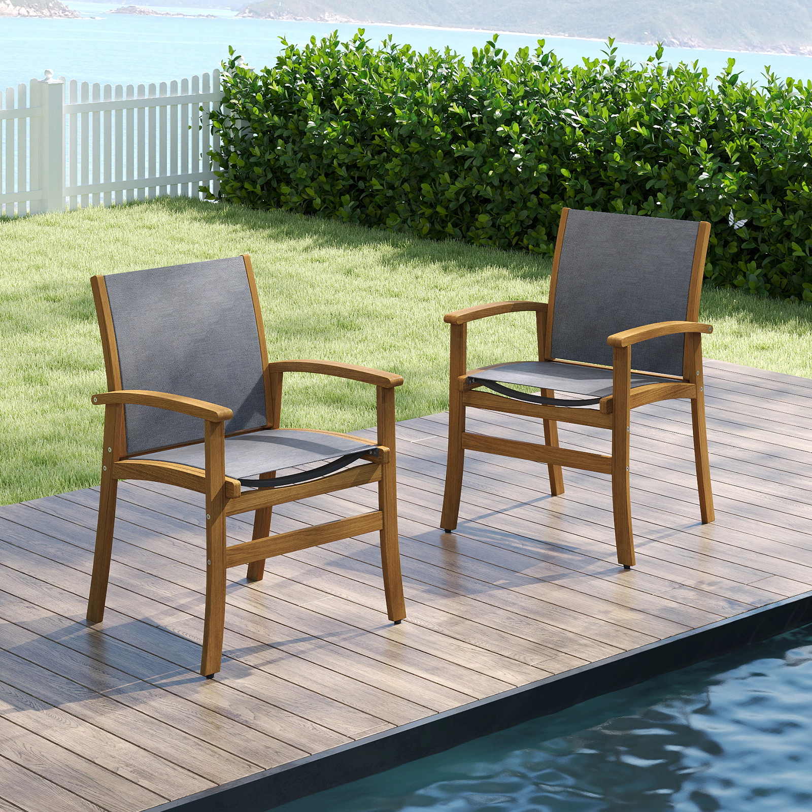 SUGIFT Set of 2 Patio Dining Chairs, Acacia Wood, Sling Fabric, Curved Arms, Natural Gray