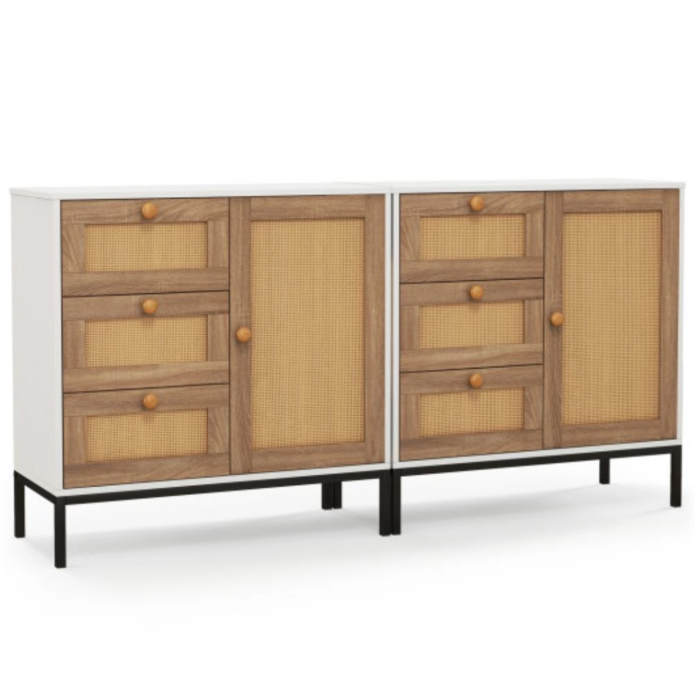 Hivvago Rattan Sideboard Buffet Cabinet With 1 Door And 3 Drawers-White