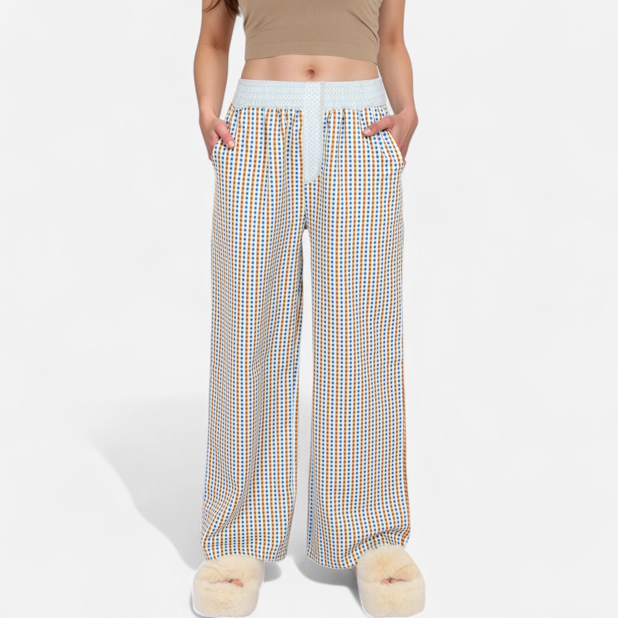 Anna-Kaci Women's Red Vertical Stripe Wide Leg Pants with Smocked Waistband Contrast Plaid Detail and Full-Length Fit