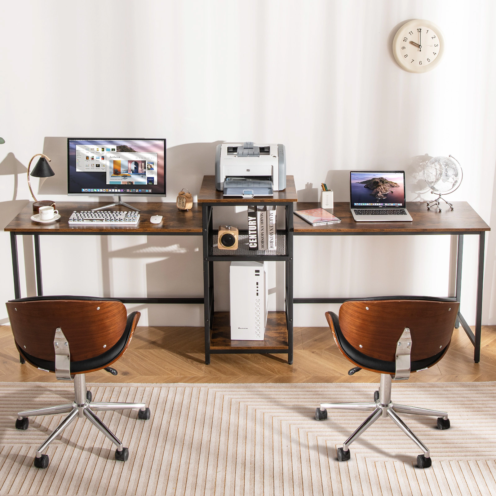 SUGIFT 2-Person Computer Desk with Power Outlet Printer Stand and Storage Shelves 160-lb Side Tables Rustic Brown Black