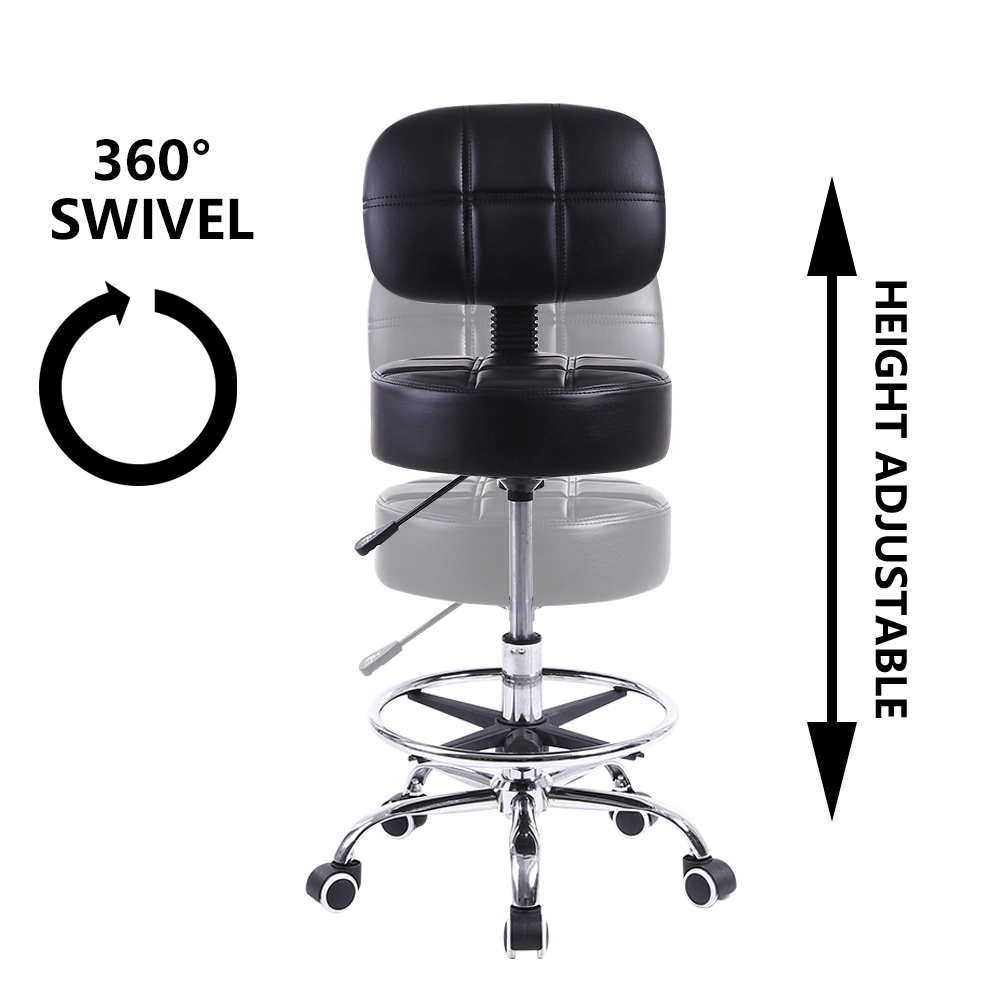 KKTONER Swivel Round Rolling Stool PU Leather with Adjustable Foot Rest Height Adjustable Task Work Drafting Chair with