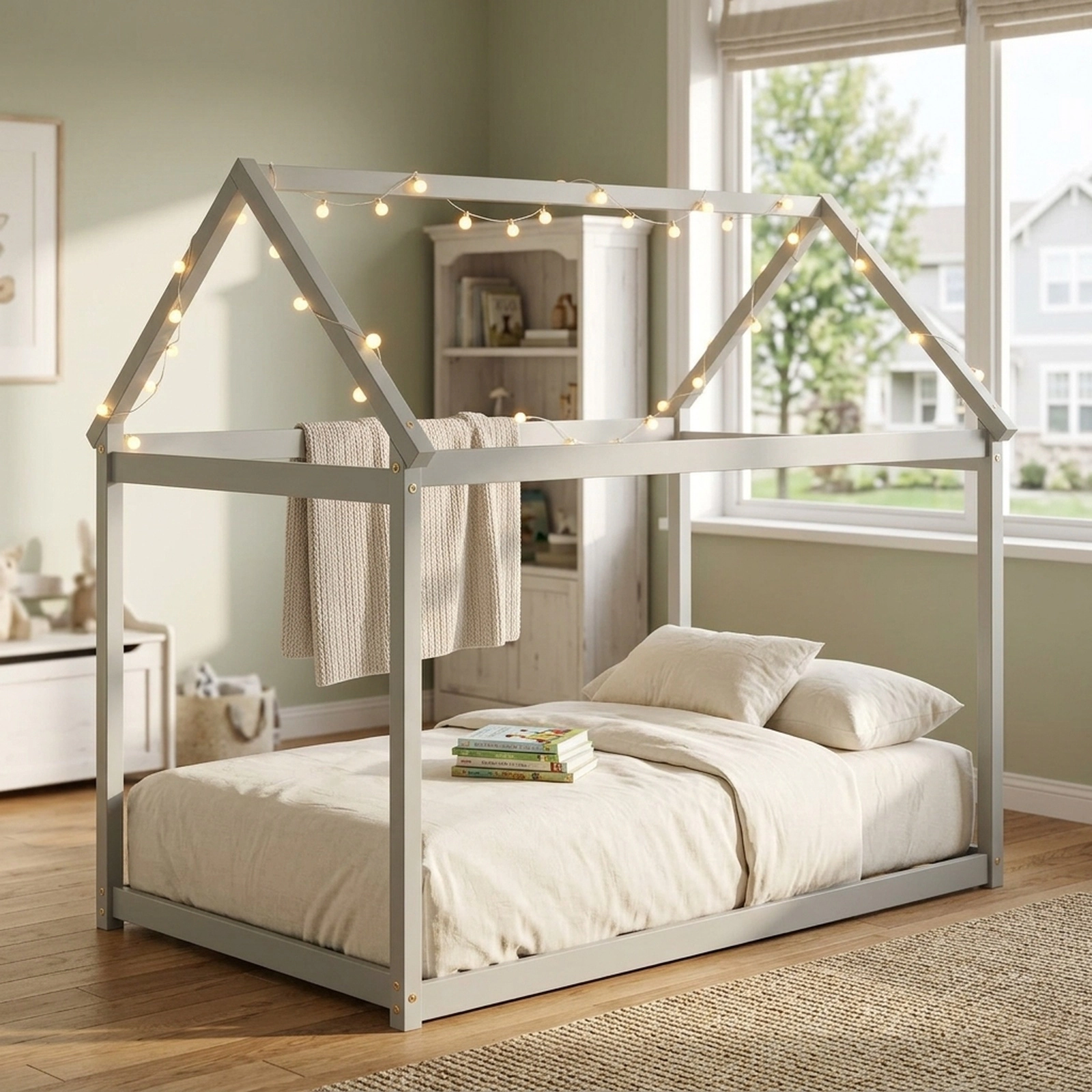 SUGIFT Gray Twin Kids House Floor Bed with Roof Frame, Wood Slats, 300-lb Capacity