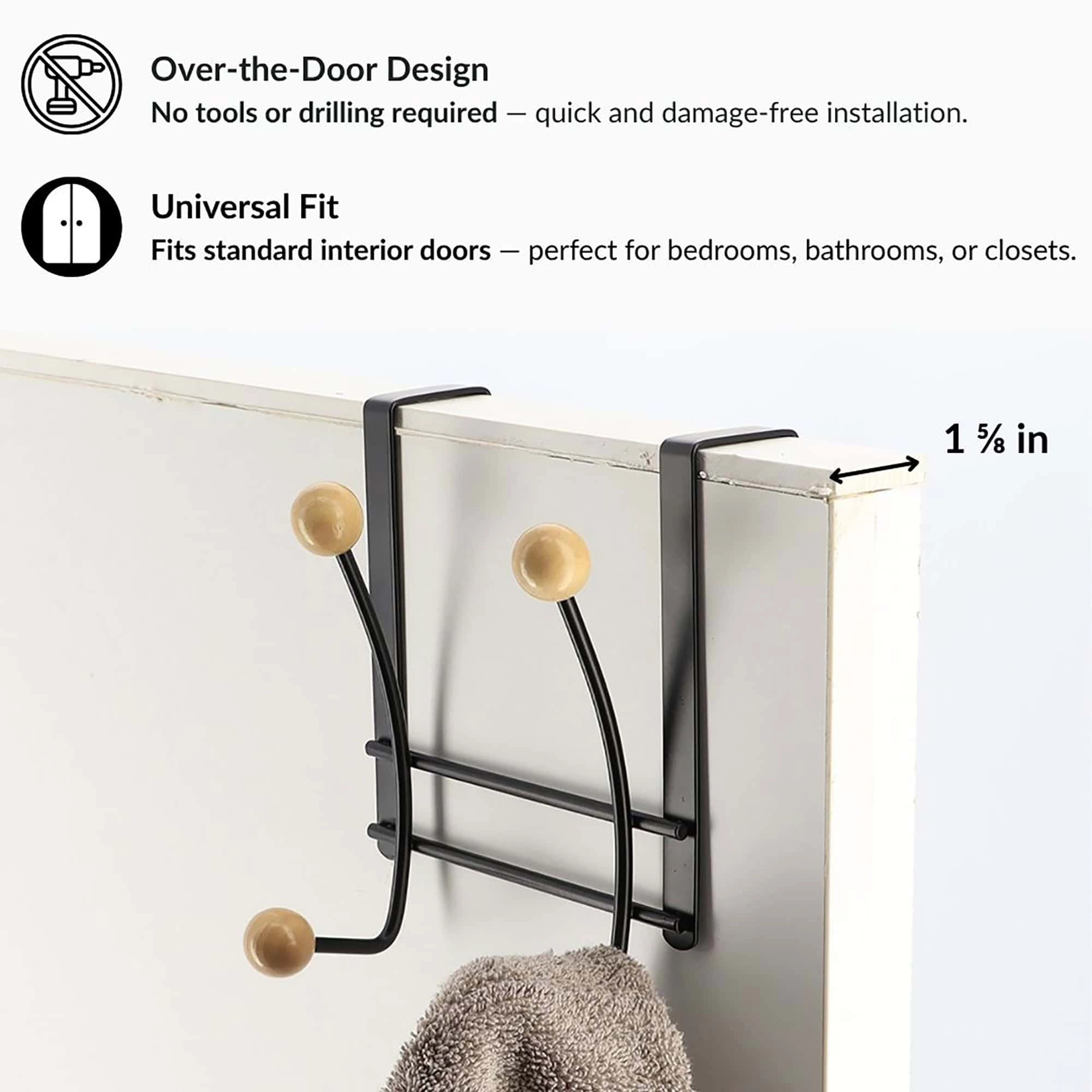 Evideco French Home Goods Over-the-Door Double Hook Rack - 4 Ball-End Hooks, Fits Doors up to 1 5/8