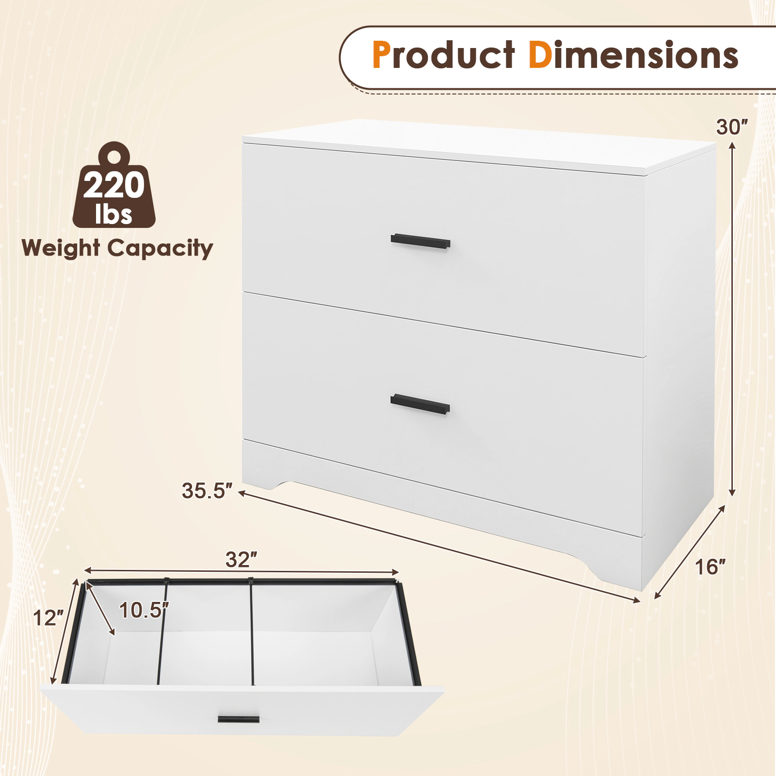 SUGIFT 2-Drawer Lateral File Cabinet 220-lb Capacity with Adjustable Bars for Home and Office White