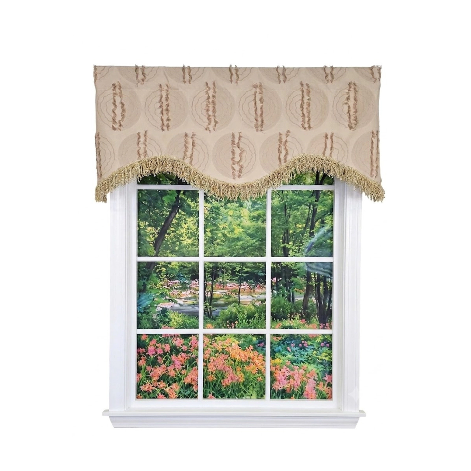 RLF Home Shaggy Trimmed Cornice Window Valance 100% Cotton Lined Rod Pocket 50" x 17" Beige