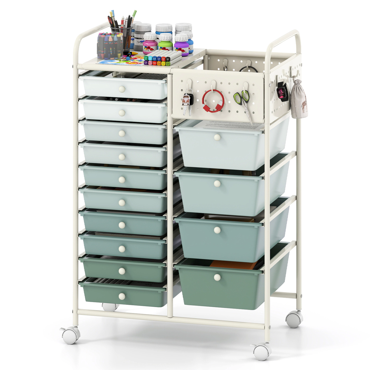 LJG 14-Drawer Rolling Storage Cart with Metal Tabletop and Pegboard