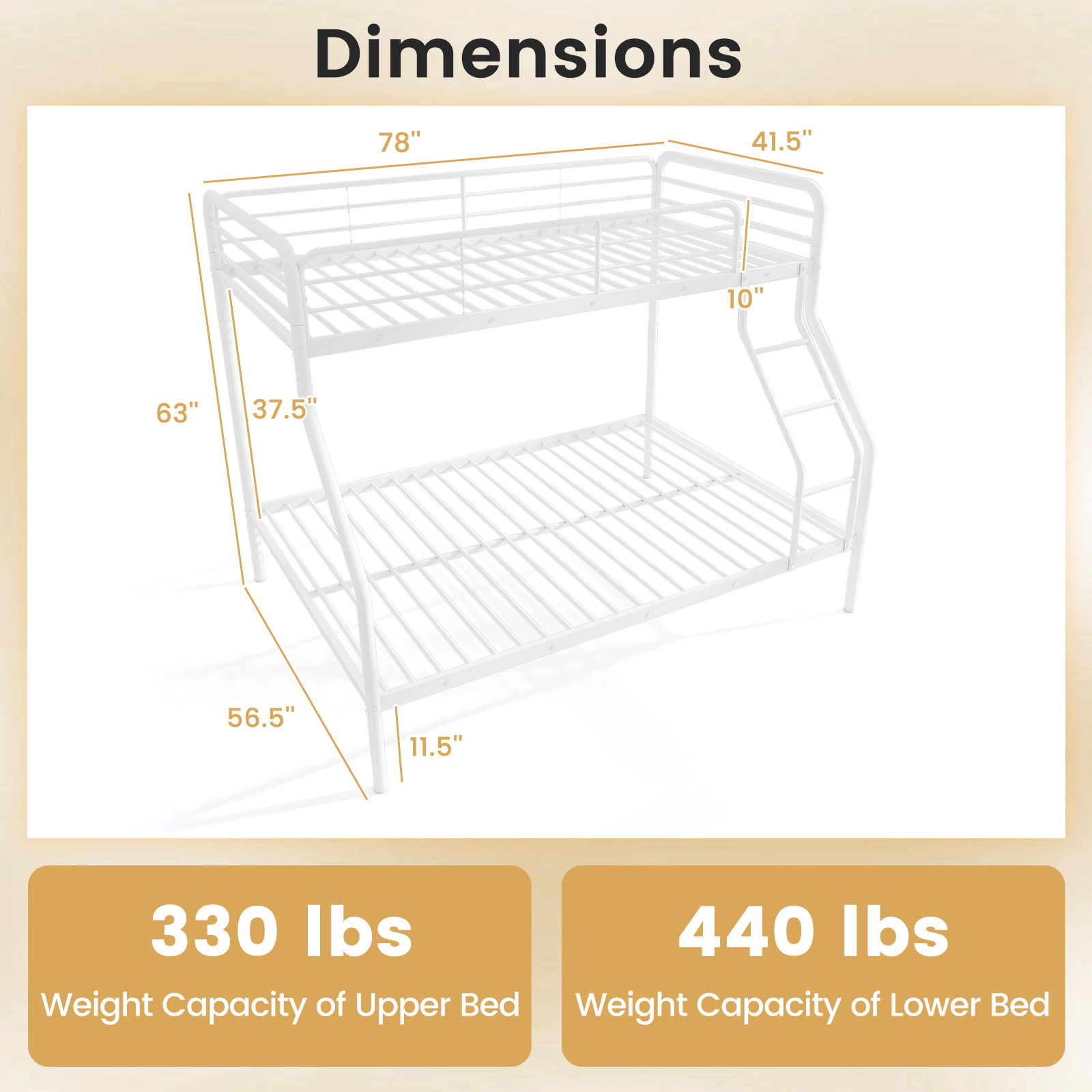 SUGIFT White Ladder and Full-Length Guardrails Twin Over Full Teens Metal Bunk Bed