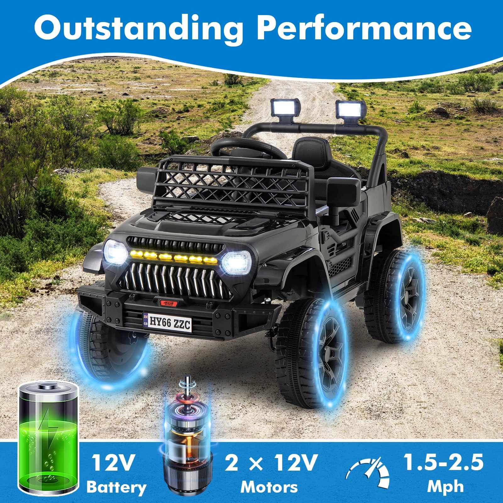 Glintex 12V Kids Ride-On Truck with Dual-Motor Drive and Light Controls