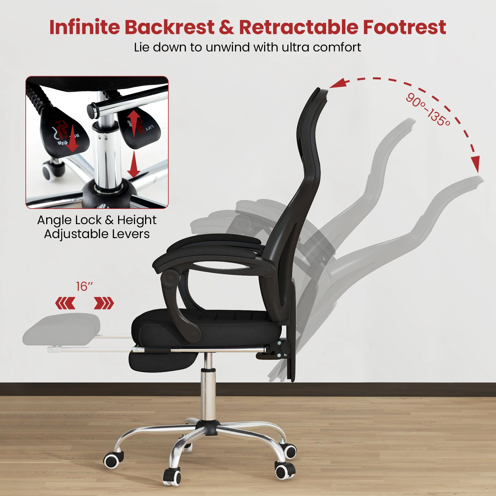 SlickBlue Ergonomic Office Chair Mesh Desk Chair with Footrest and Headrest Black