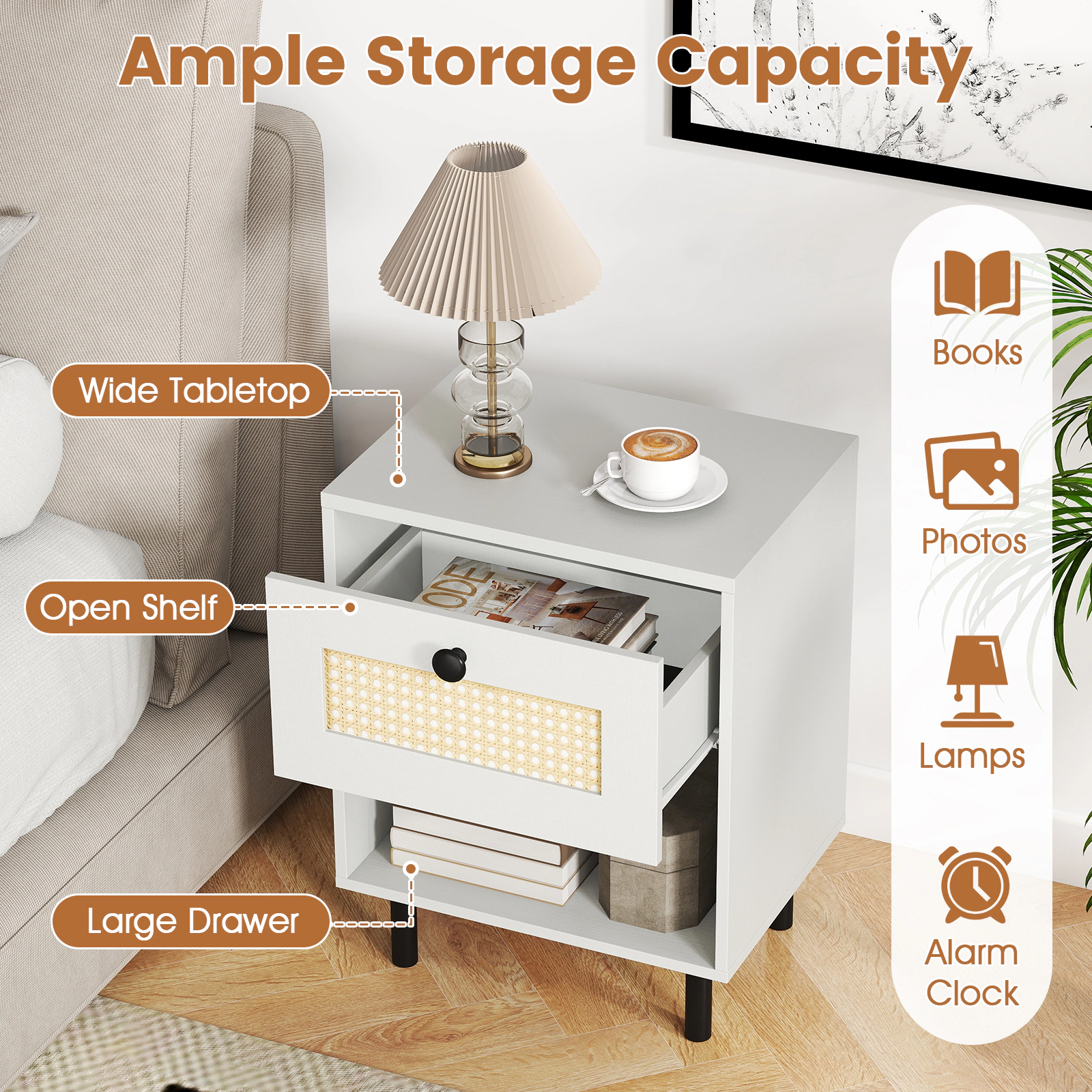 SUGIFT Rattan Drawer Nightstand Boho End Table with Open Shelf 20.5-in Tall 66-lb Tabletop Capacity Natural/White