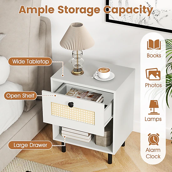 SUGIFT Set of 2 White Boho Nightstands, Rattan Drawer Fronts and Open Cubby