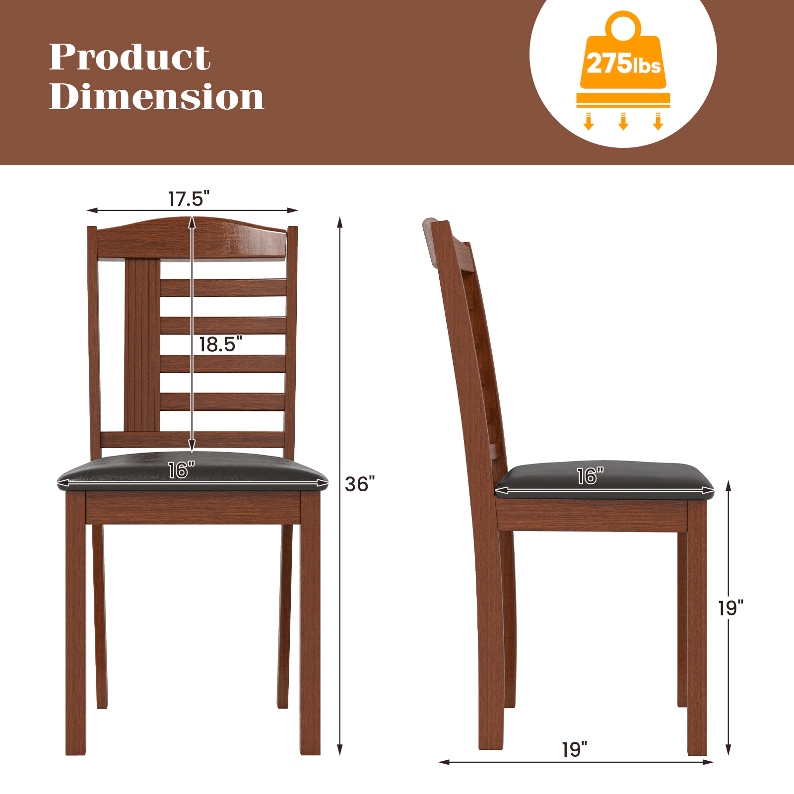 LJG Set of 2 Wood Kitchen Chairs with Faux Leather Upholstered Seat
