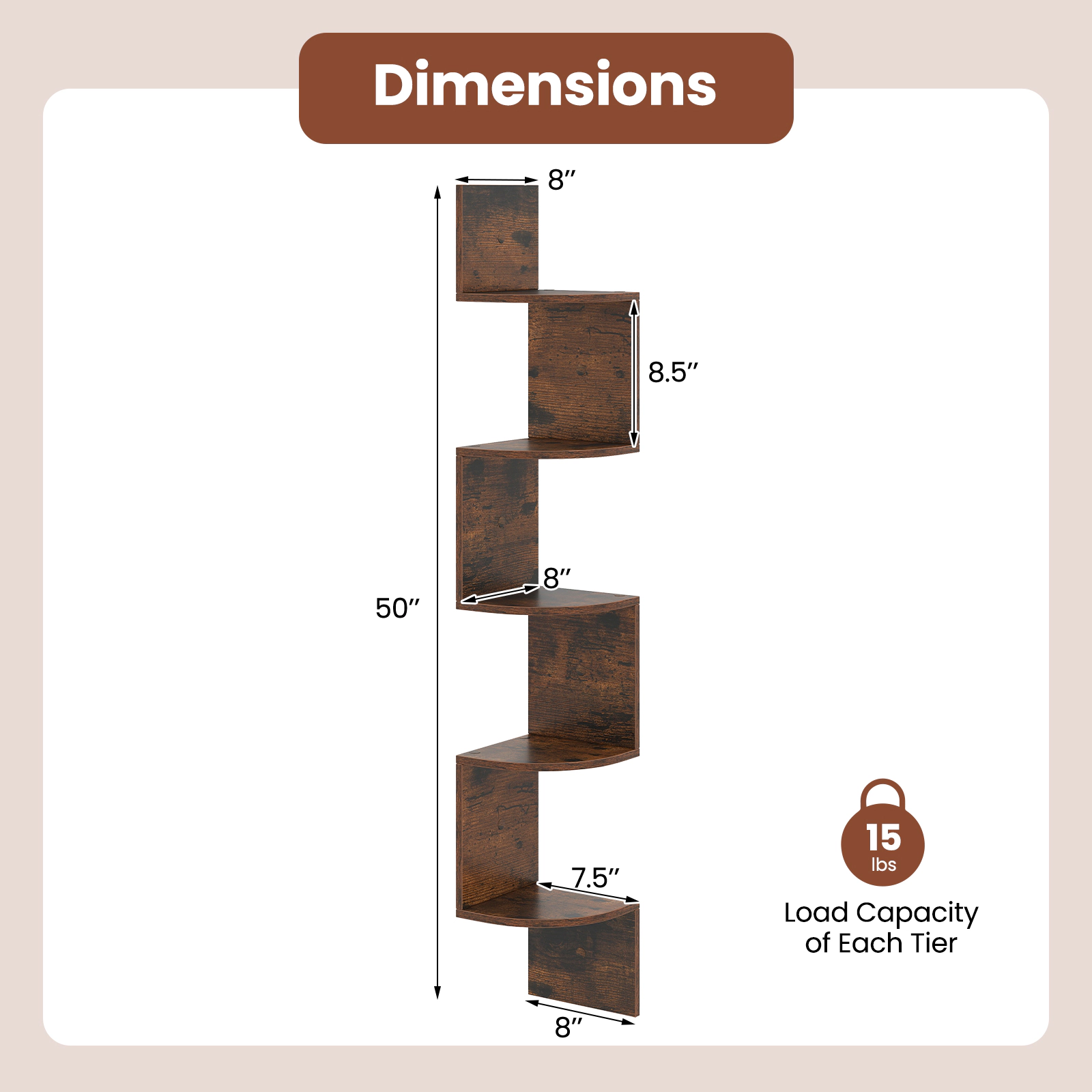 SUGIFT 5-Tier Rustic Brown 50-in Wall Mounted Floating Corner Bookshelf with 6 Mounting Kits and Edge Guards