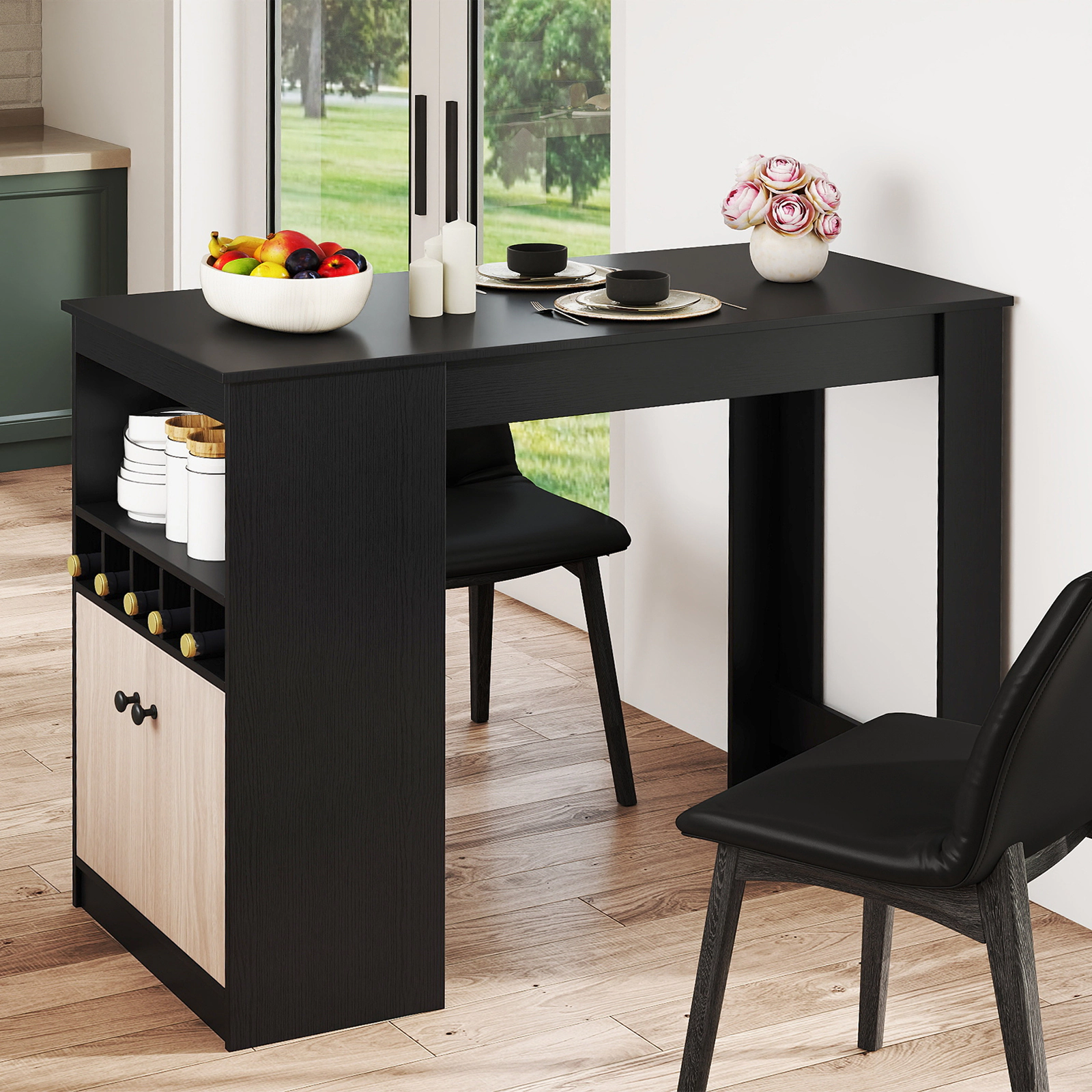 SUGIFT 48-in Counter-Height Bar Table with 2-Door Cabinet and 5-Bottle Wine Rack