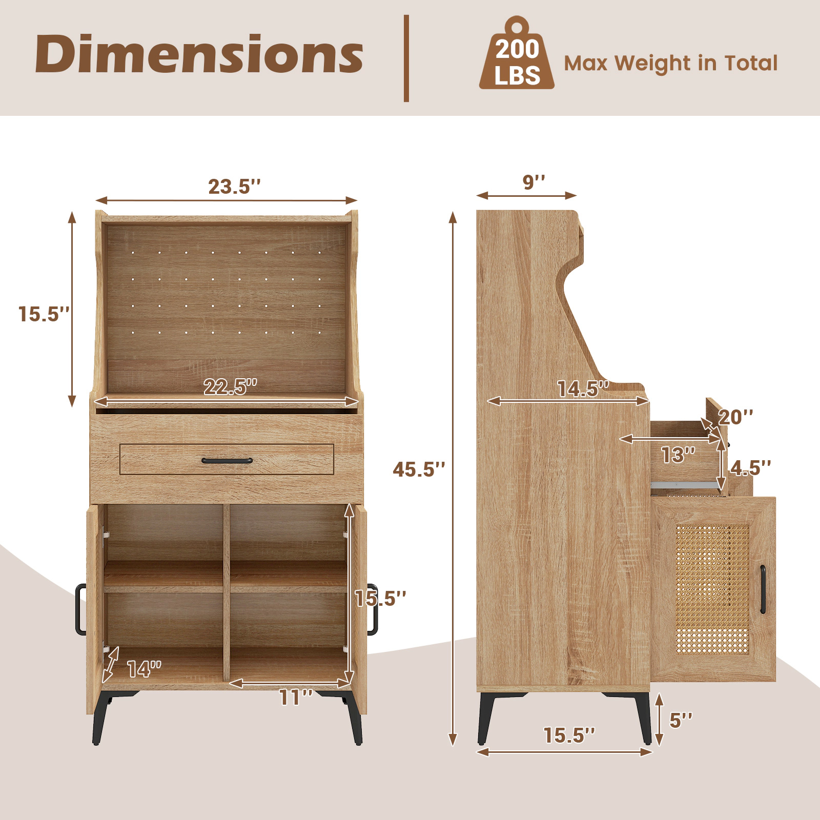 SUGIFT 45.5-in Pegboard Back Rattan Doors Adjustable Shelves Coffee Bar Cabinet 23.5-in x 15.5-in 200-lb Capacity Oak