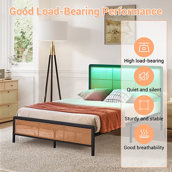BebreezChic Modern Boho Rattan Metal Platform Bed Frame with Smart RGB ...