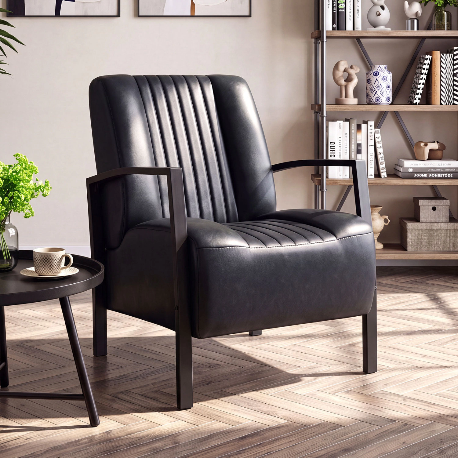LJG PU Leather Upholstered Armchair with Padded Seat and Back Comfy Lounge Reading Chair