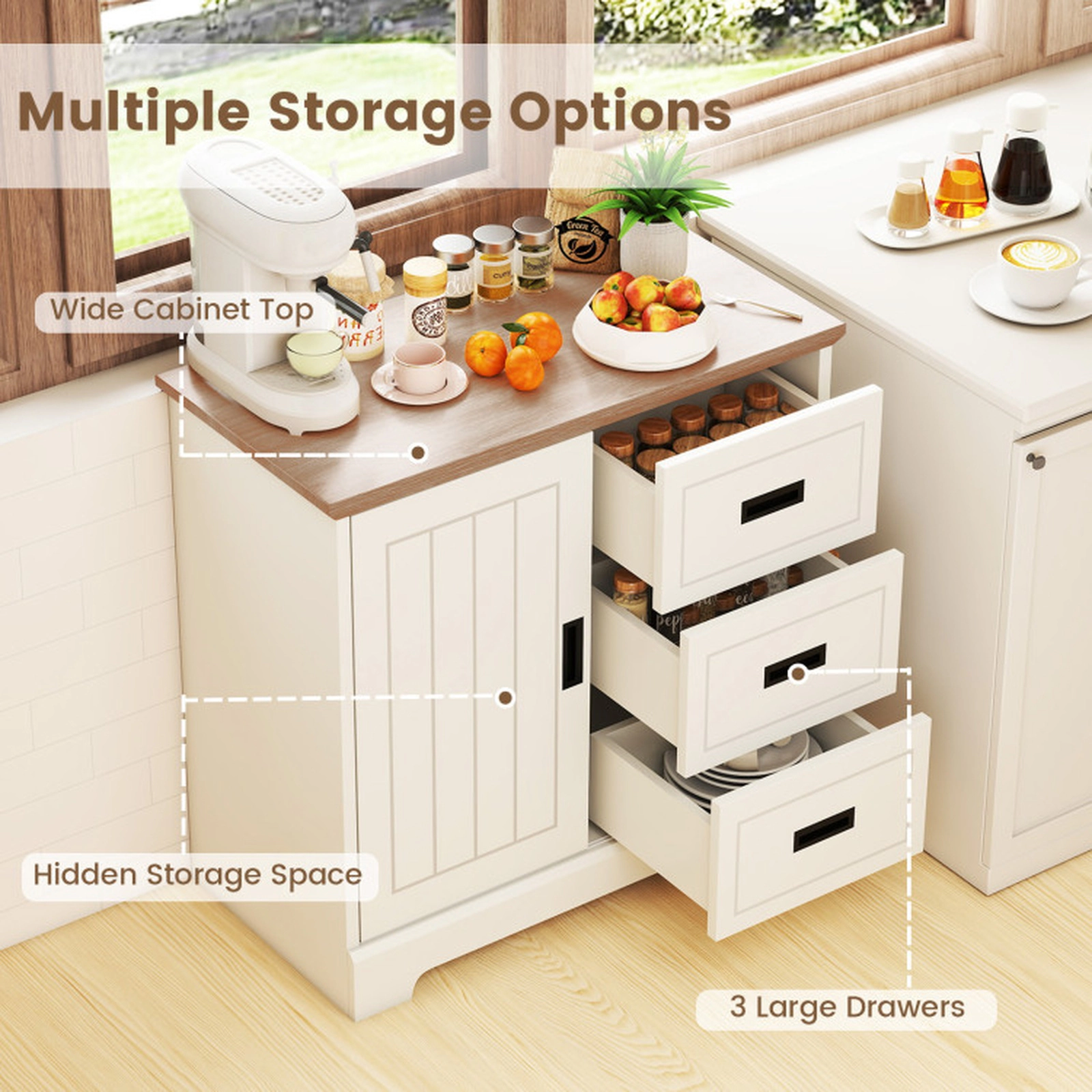 SUGIFT Farmhouse Sliding Door Sideboard Buffet Cabinet Kitchen Pantry 66-lb Tabletop Capacity Ivory and Oak