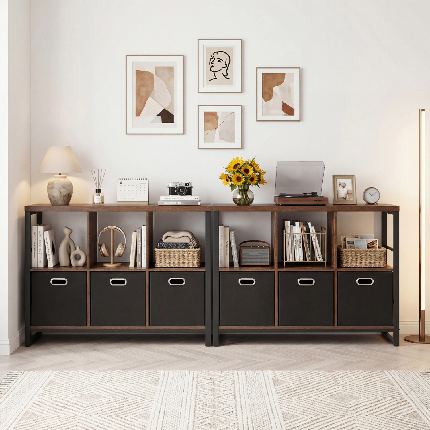 LJG 6 Cube Industrial Short Bookshelf with 3 Bins & Metal Frame and Open Shelves for Indoor