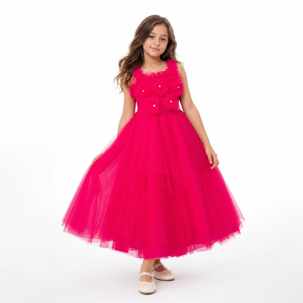 Faeella Girls Rosy Enchantment Hot Pink Tulle Birthday Dress