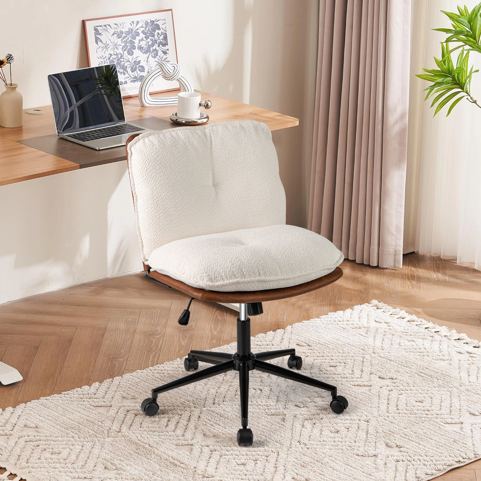 SUGIFT 330-lb Capacity Brown and White Boucle PU Leather Armless Rocking Swivel Desk Chair with Gas Lift