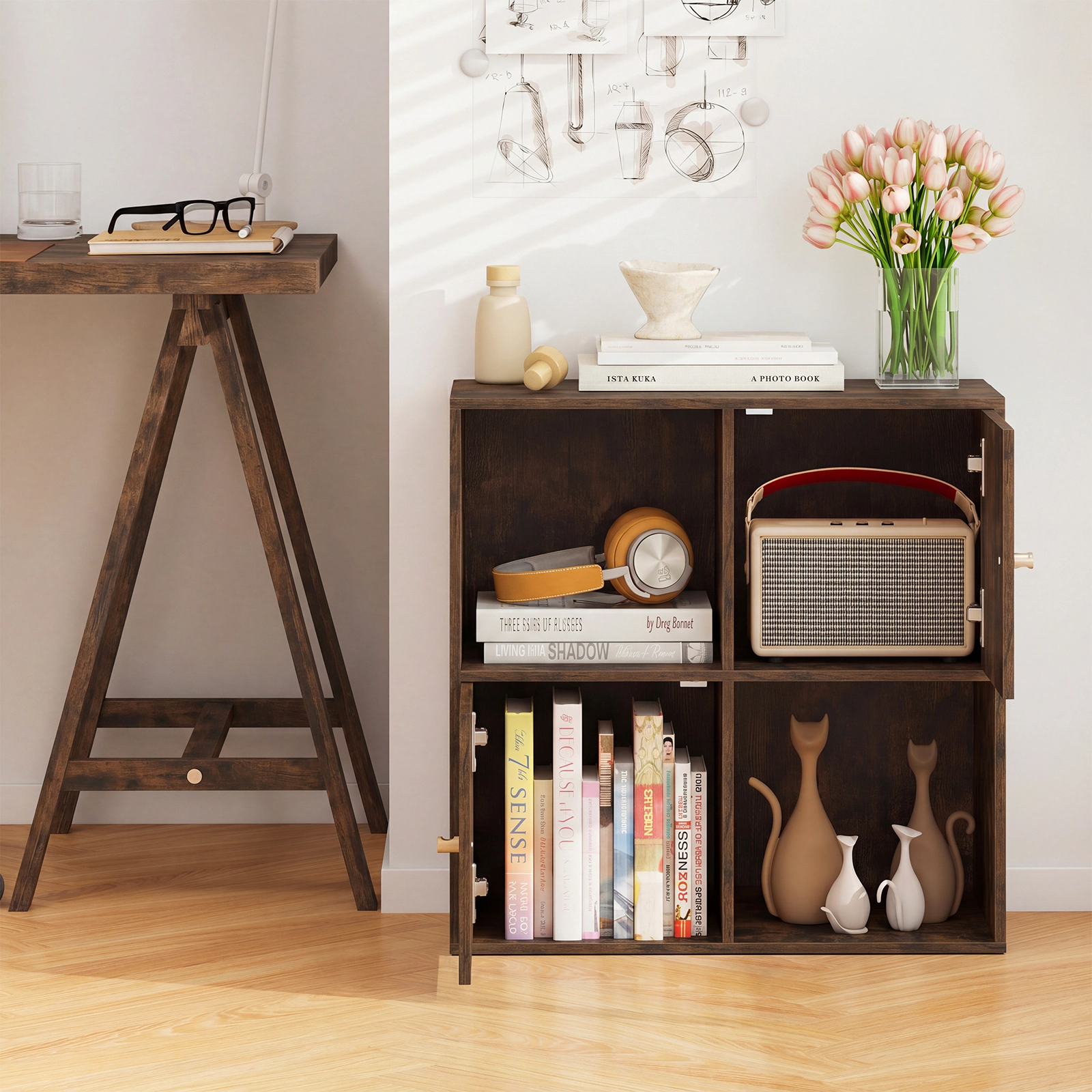 Costway 4-Cube Bookcase with Dual Anti-Tipping Kits & 2 Cabinets Storage Organizer Natural