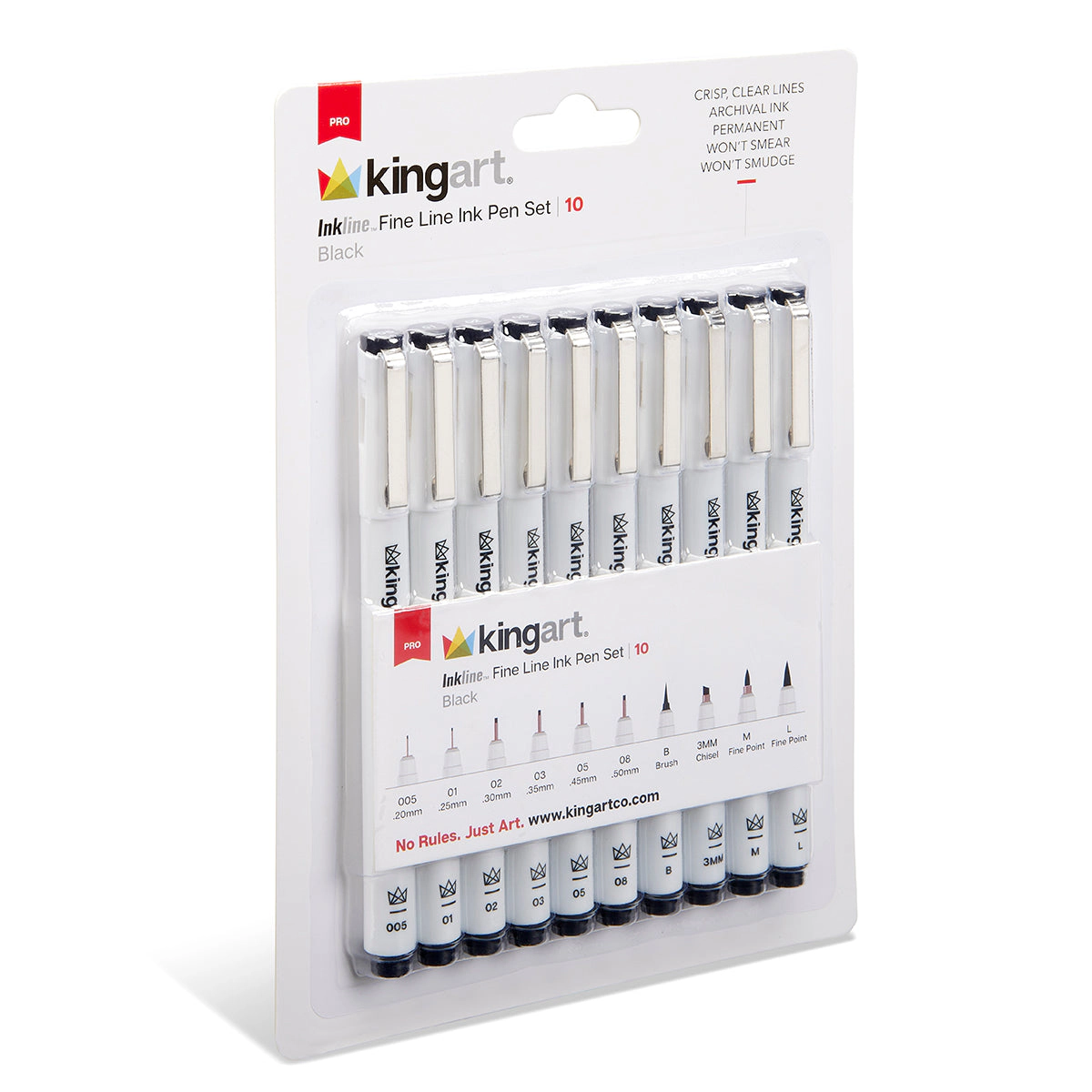 KINGART Inkline PRO 10 pc Fine Line Archival Black Ink Pens - Assorted Tips