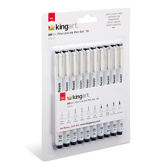 KINGART Inkline PRO 10 pc Fine Line Archival Black Ink Pens - Assorted Tips