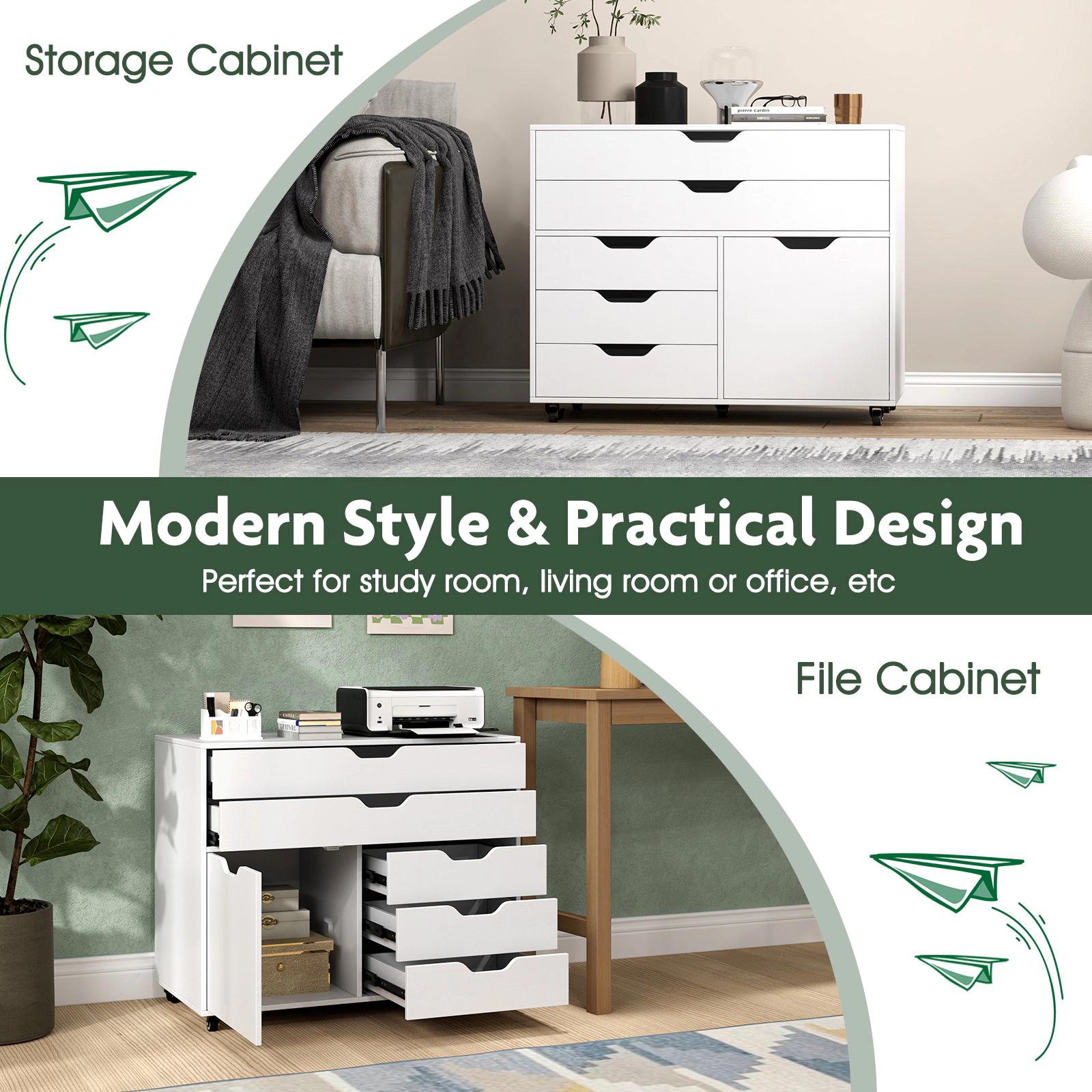 SUGIFT White 30-in 220-lb Capacity 5-Drawer Mobile Rolling Storage Chest with Door and 5 Casters