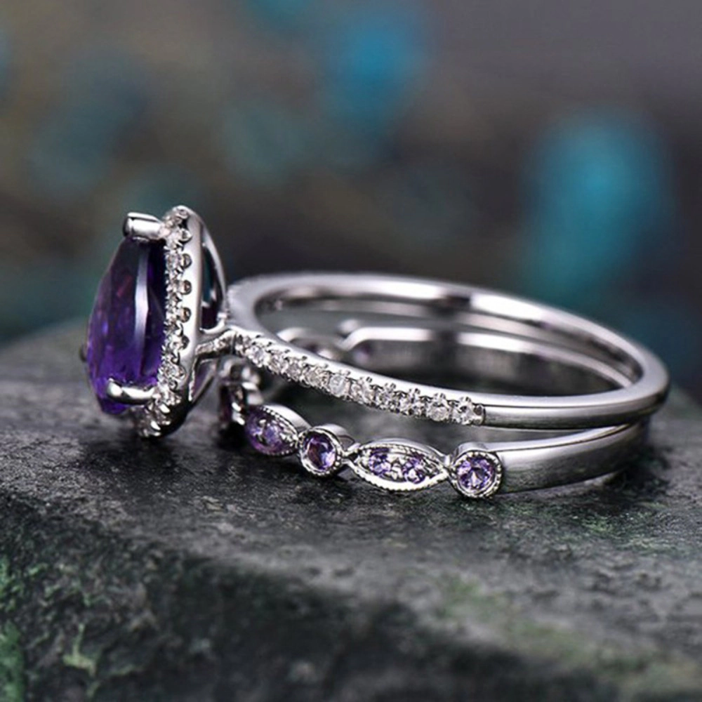 2-Piece Women's Ring Set with Pear-Cut Purple Cubic Zirconia