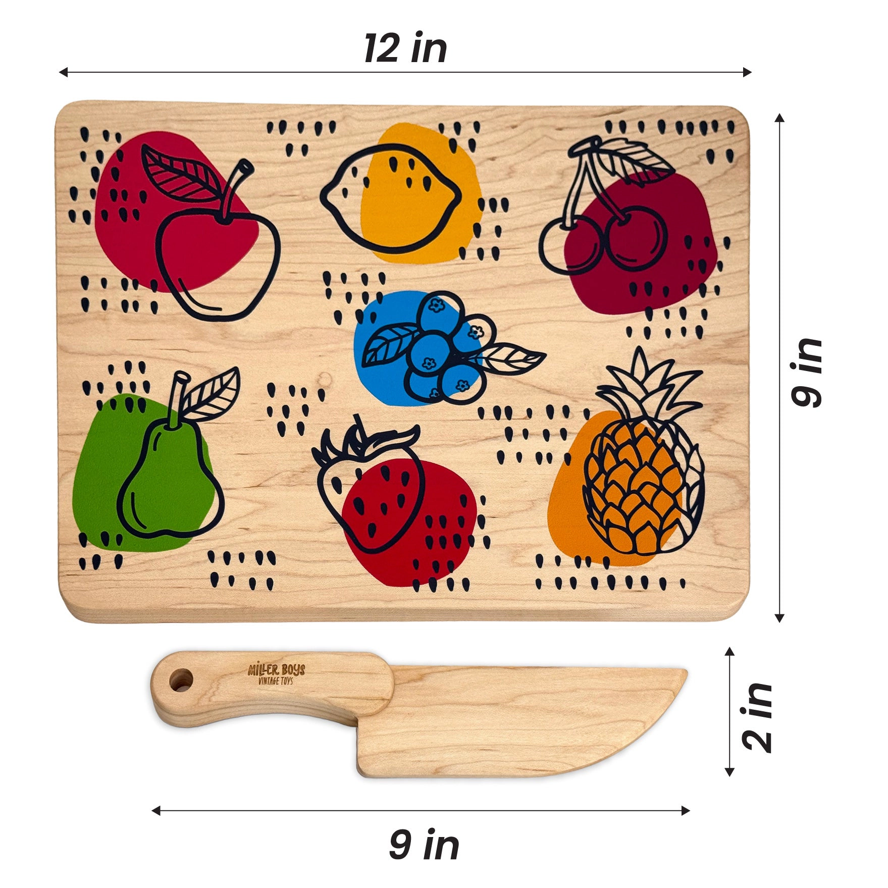Kid’s Chef-in-Training Fruit Wooden Cutting Board with Handcrafted Knife - Made in USA