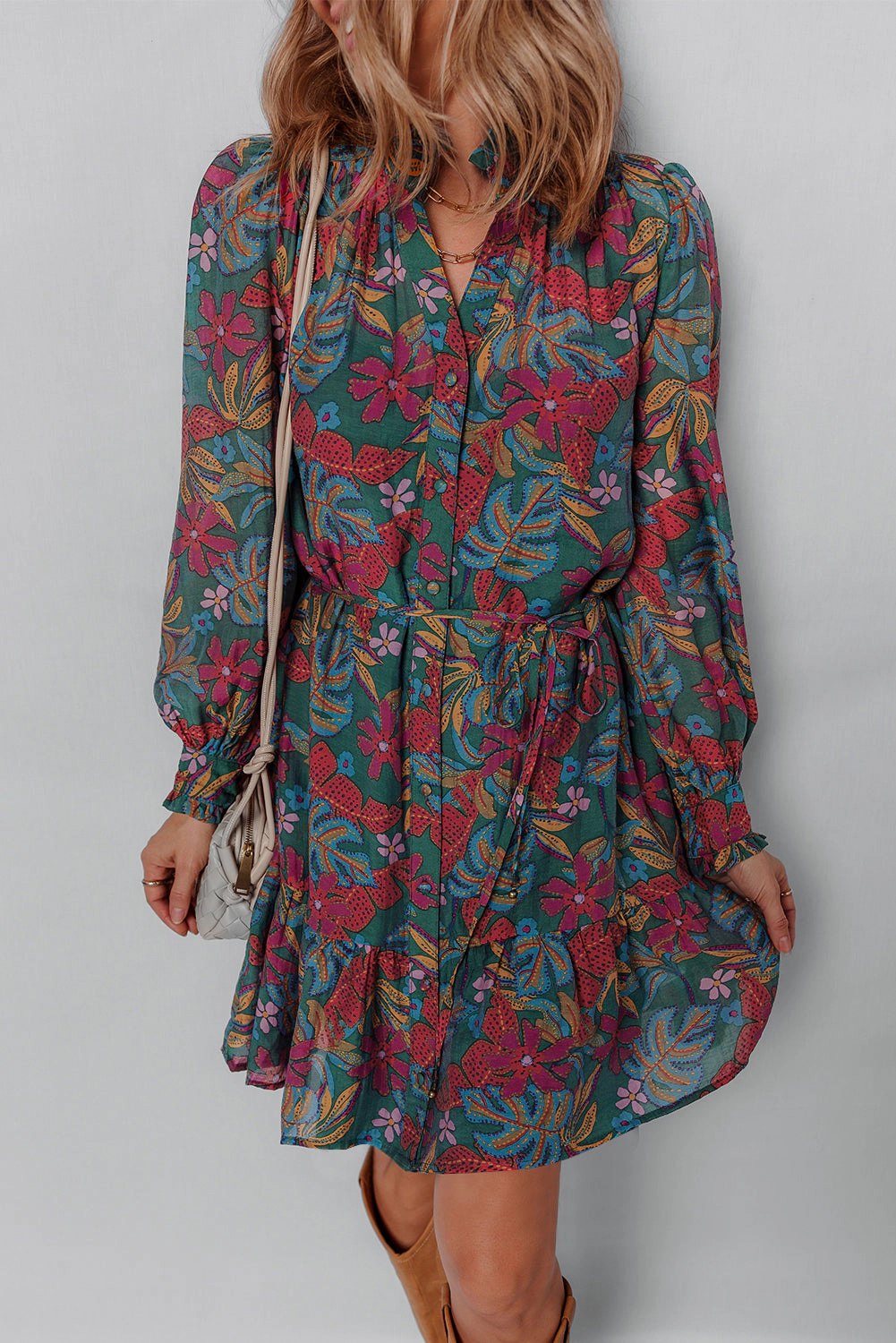 Threaded Pear Women's Maria Floral V Neck Puff Sleeve Dress