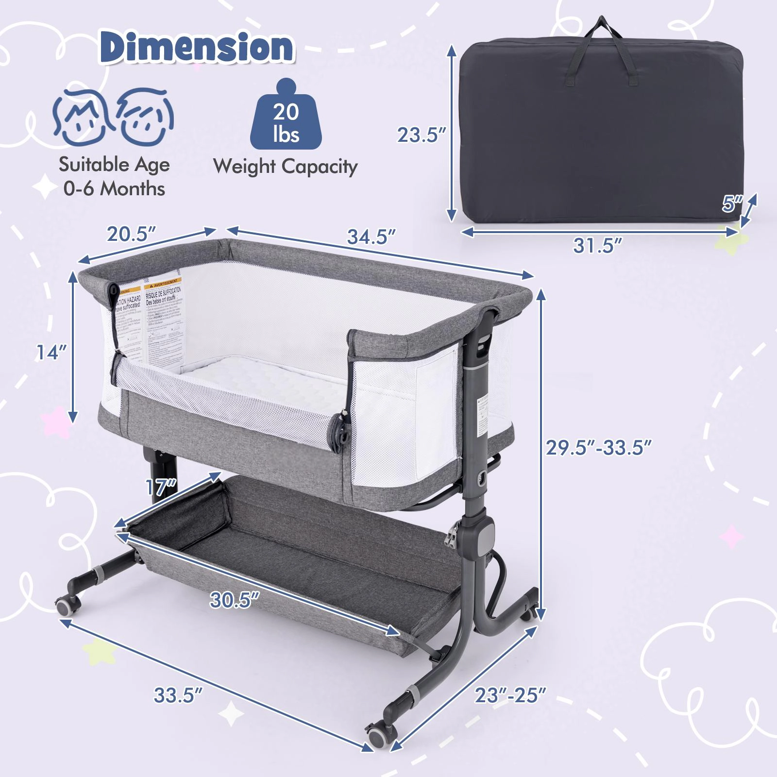 SUGIFT 3-in-1 Baby Bassinet Bedside Sleeper with 6-Position Adjustable Height 20-lb Capacity Ages 0-6 Months Gray