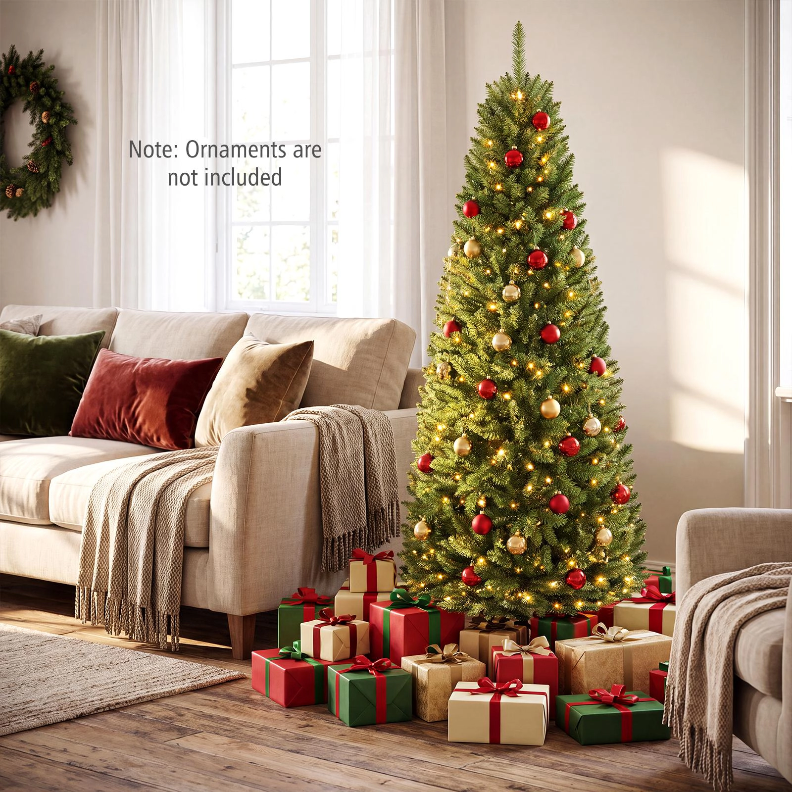 Costway 5/6/7Ft Pre-lit Artificial Pencil Christmas Tree Hinged Fir PVC Tree with 150/250/350 LED Lights