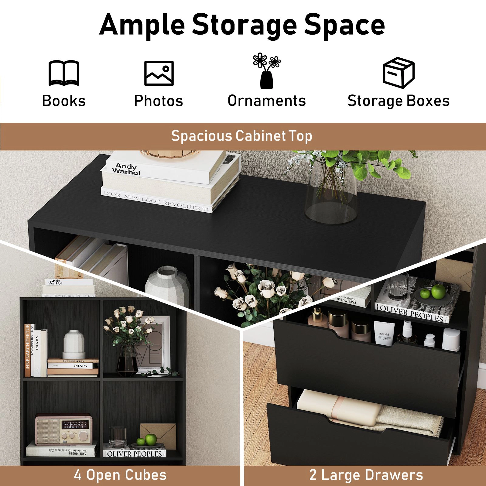 SlickBlue 51 Inch Bookcase with Drawers and Open Cube Storage Shelves