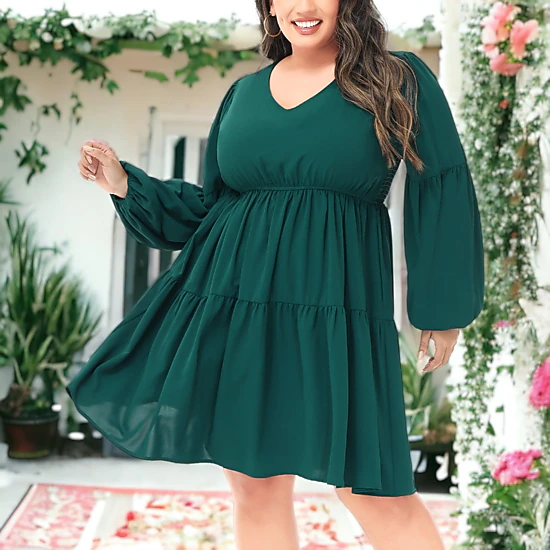 Anna-Kaci Women's Plus Size Tunic V Neck Long Sleeve Smocked Casual Loose Shift Dresses
