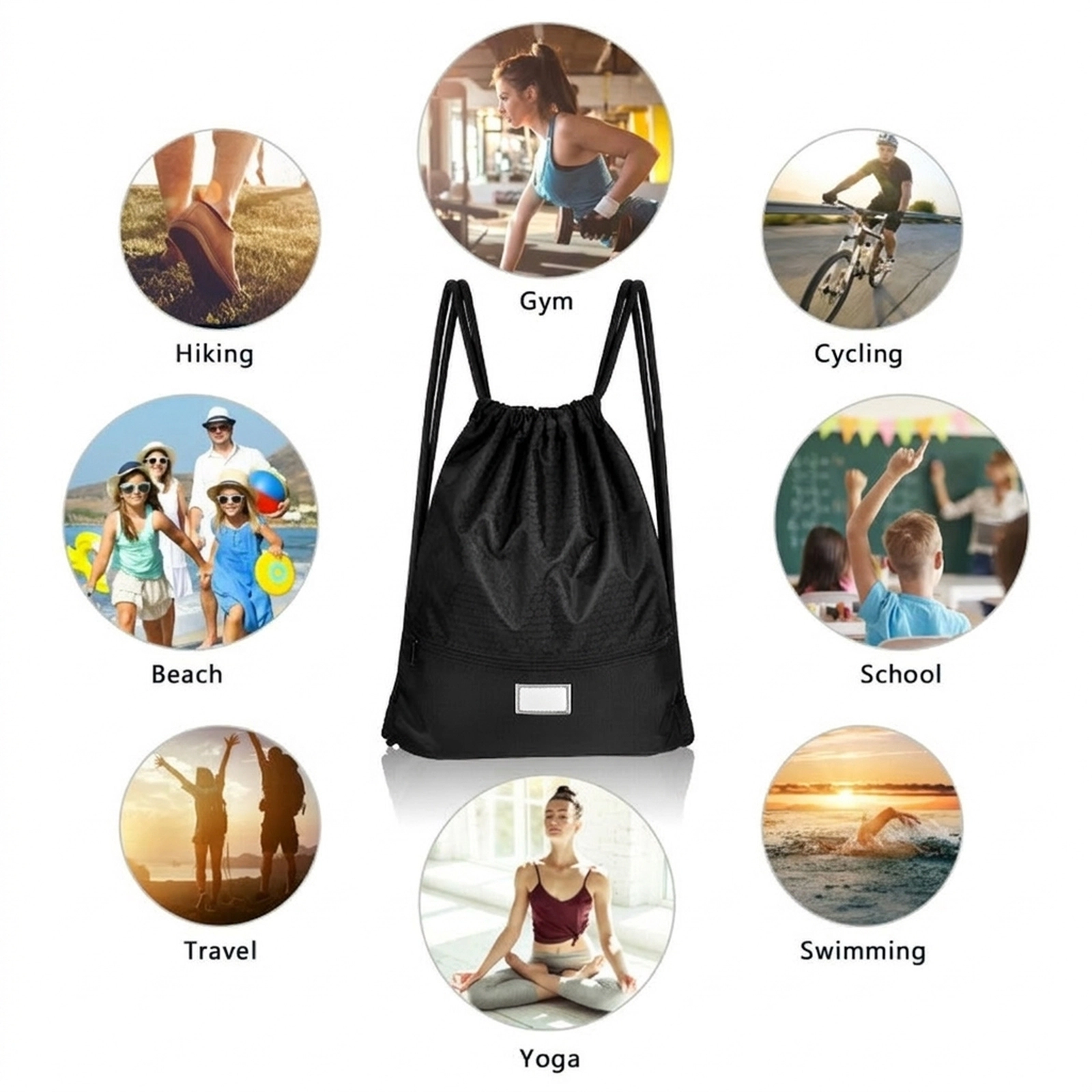 SUGIFT Foldable Drawstring Backpack Sports Sack with Zipper Pockets Black/Dark Blue Camping Bag